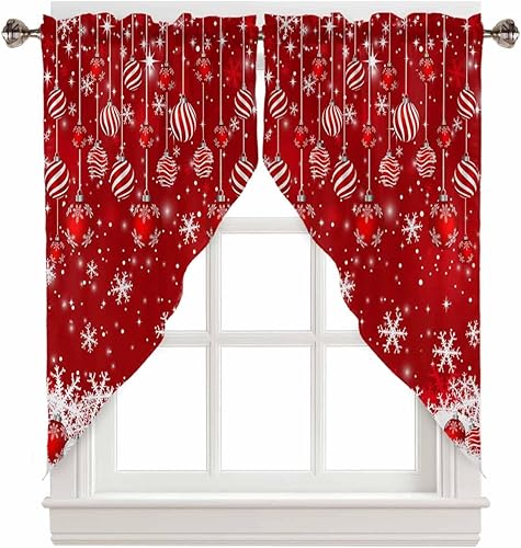Miniatura 1 de Paquete de 2 cenefas rojas de Navidad para ventanas, cortinas de ventana de cocina de 36 pulgadas de largo, cortinas blancas de invierno con
