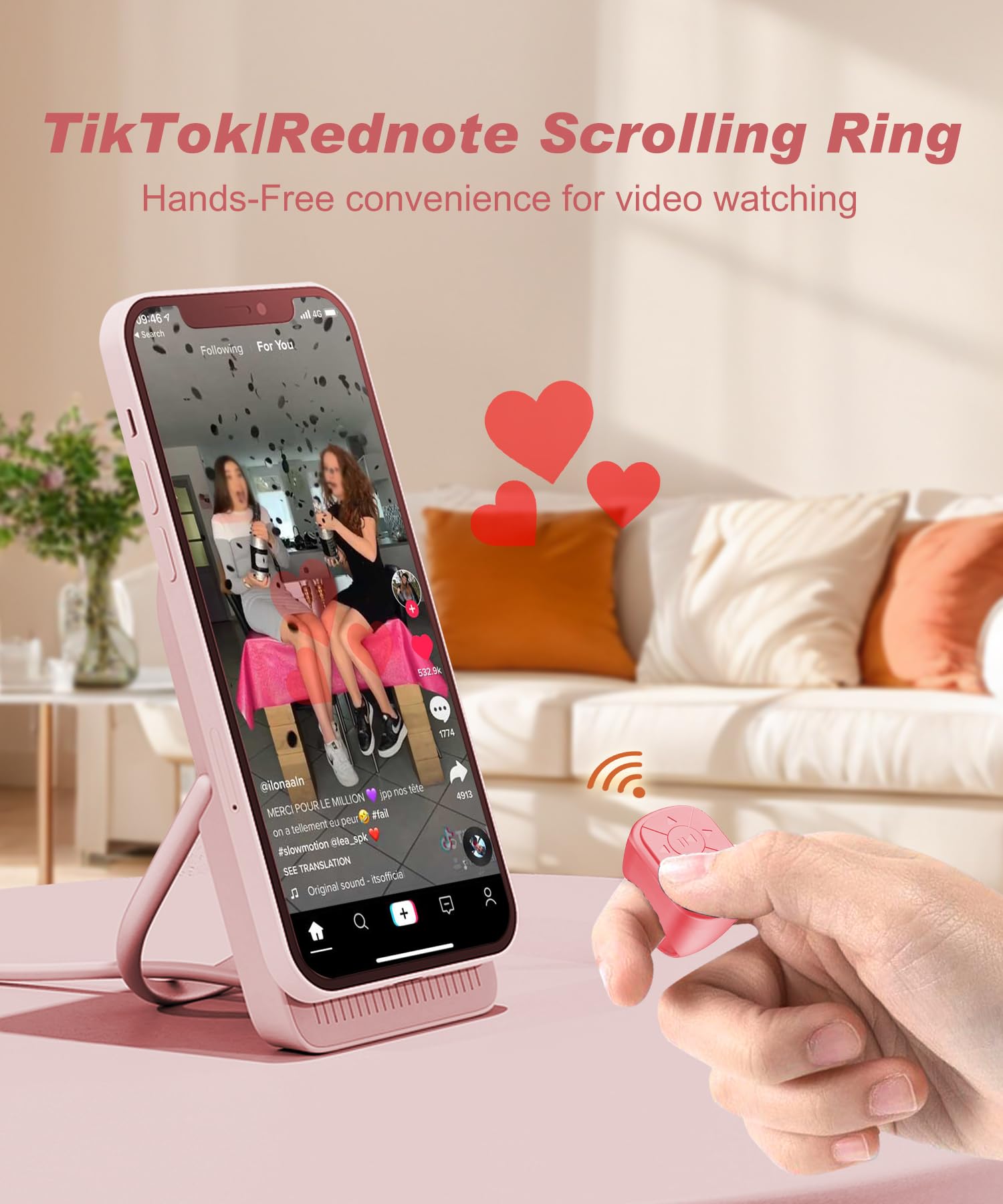 YIBAOCOM Scrolling Ring for iPhone - Wireless Rednote & TikTok Scrolling Ring, Bluetooth Page Turner for iPad and Kindle APP, Camera Shutter and Music Remote Controller, Android Scroll Ring (Pink)