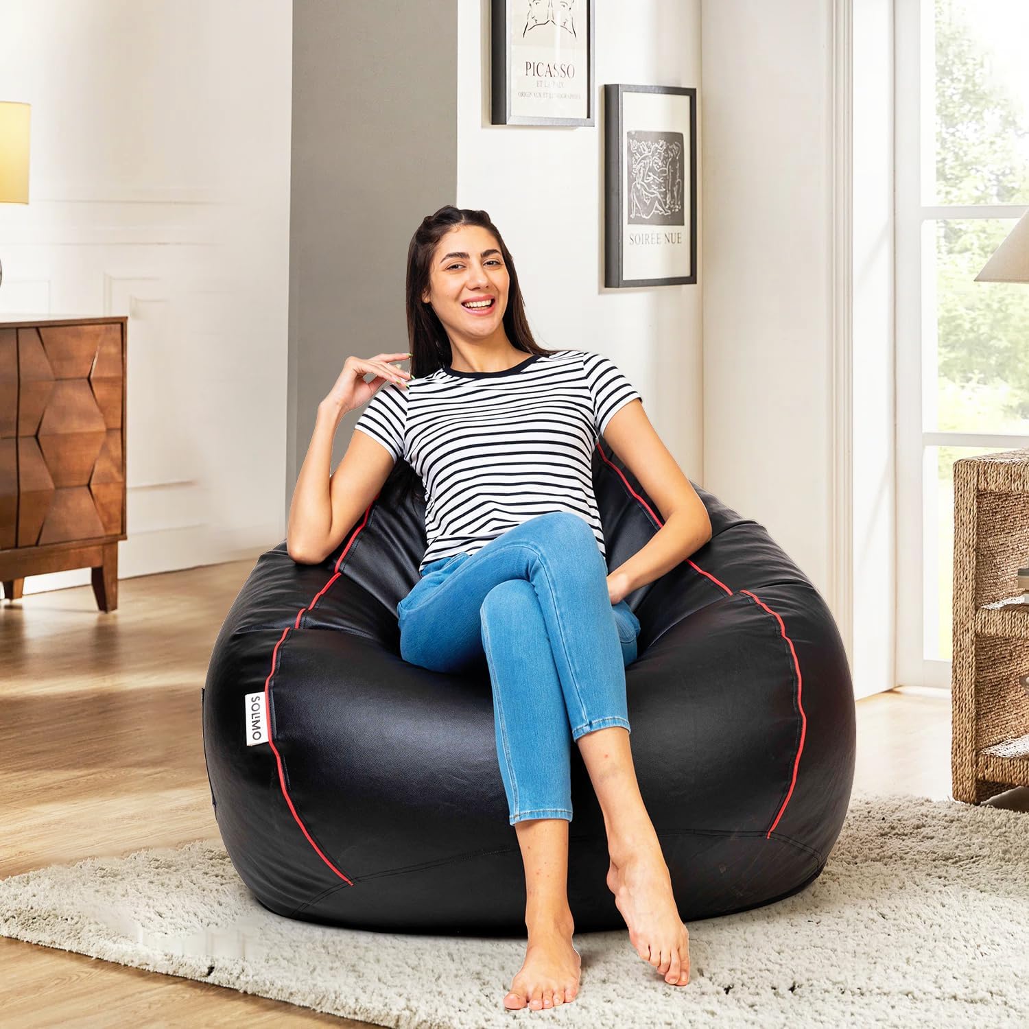 Amazon Brand - Solimo 6XL Premium Faux Leather Bean Bag Filled with Beans for Living Room | Capacity Upto 6'9" Height & 135 Kg Weight | Pre-Filled Bean Bags for Office Use (Black with Pink Piping)-image-13