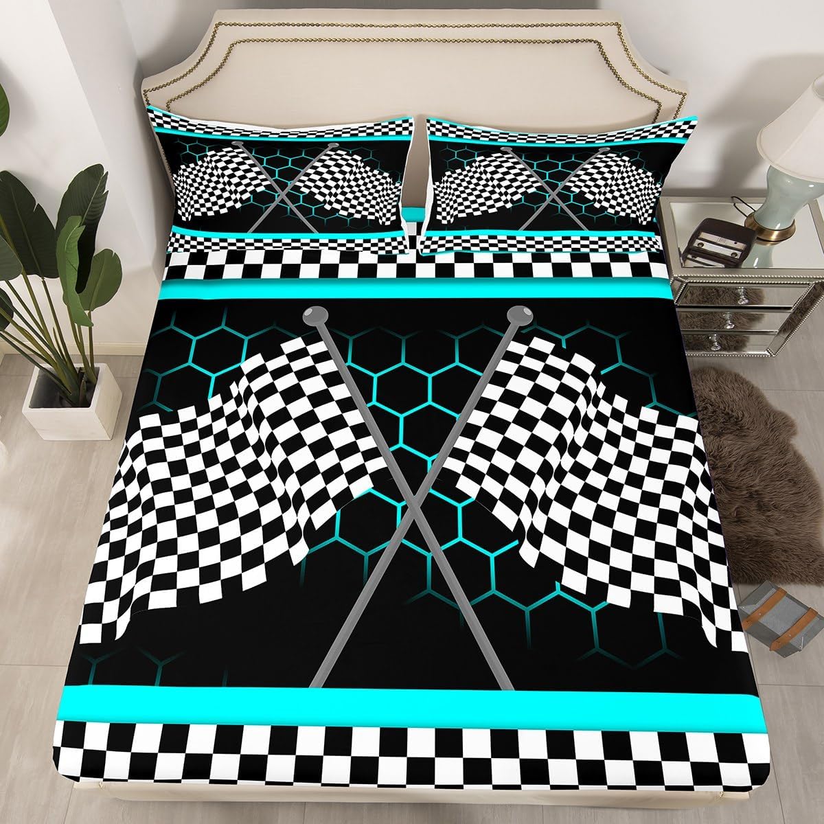 Car Checkered Bed Sheets Full for Kids Racing Sports Car Fitted Sheet,Neon Geometric Honeycomb Grid Lattice Sheets,Extreme Gaming Gamer Bed Set Black and White Room Decor