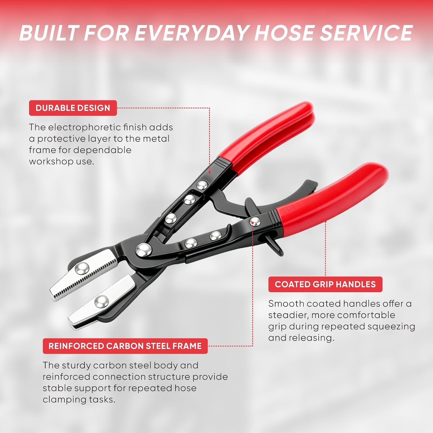 10-Inch Ratcheting Hose Pinch-Off Pliers, Auto Lock with Swivel Jaws | Automatic Locking Control: Swivel jaws pinch radiator, heater, coolant and fuel hoses; comfort grip improves control.