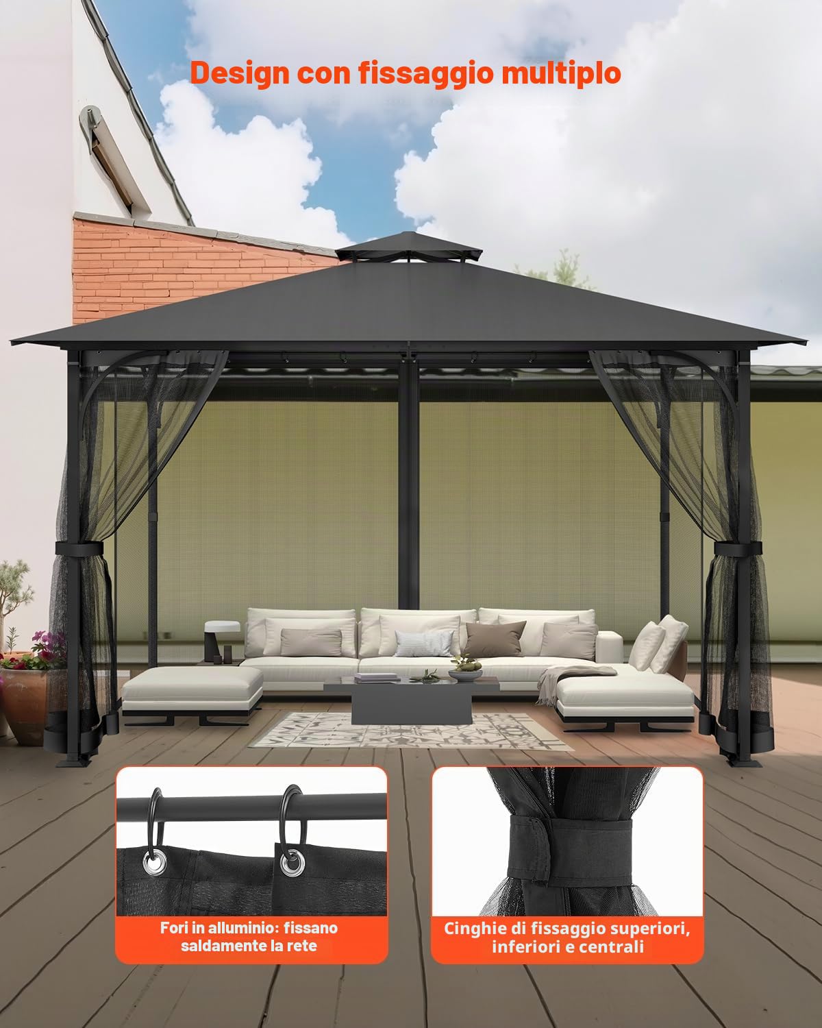 VEVOR Rete di Ricambio per Gazebo, per Gazebo 304,8 x 396,2 x 207,3 cm Rete Anti-Moscerini per Patio, Tenda per Esterni a 4 Pannelli, con Doppia Cerniera, Schermo per Baldacchino, Solo Rete, Nero