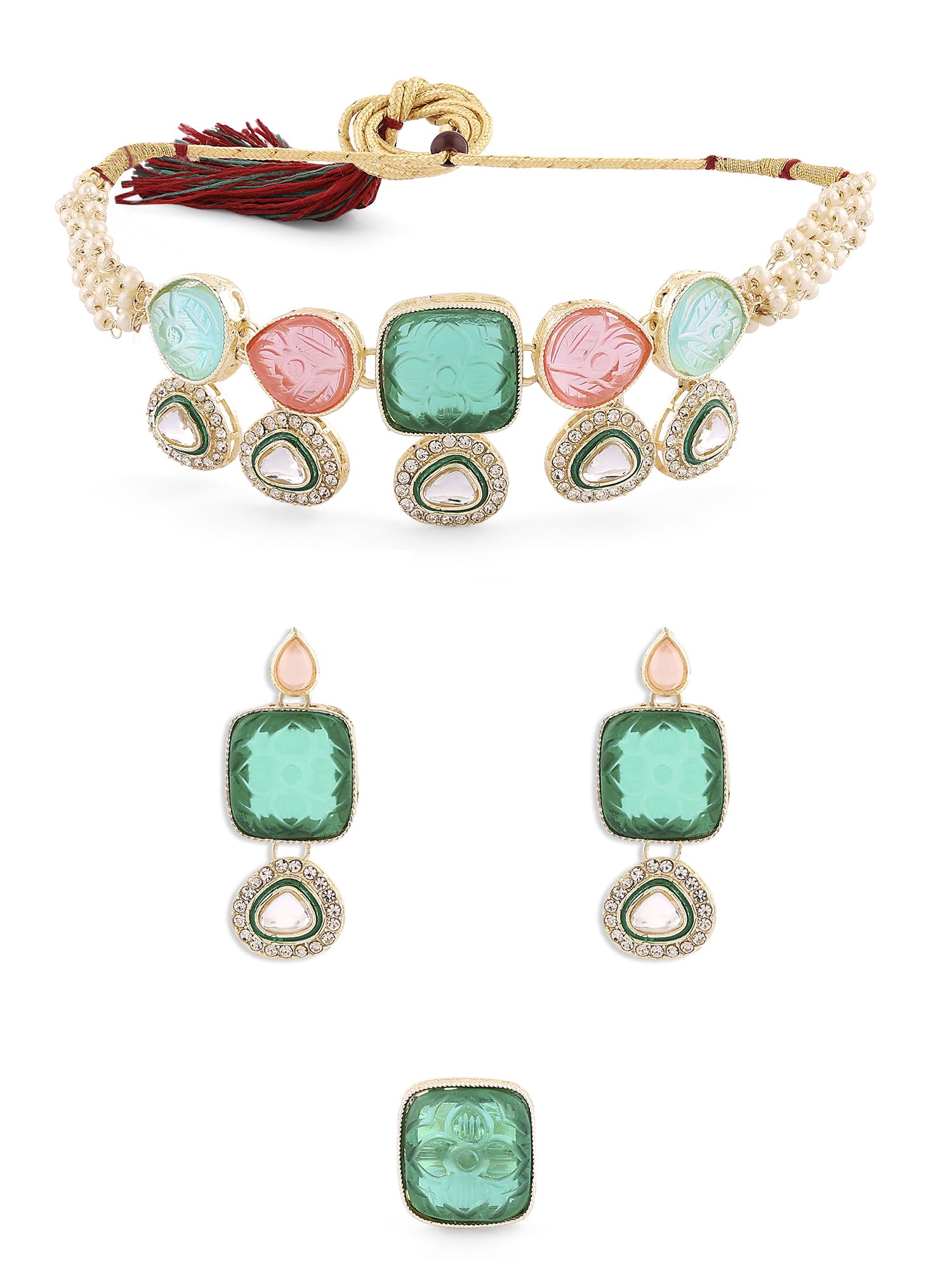 ZAVERI PEARLS Green & Pink Stones Multistrand Beaded Choker Necklace Earring & Ring Set For Women-ZPFK16742 (B0CL2DBHZR) Amazon Price History, Amazon Price Tracker