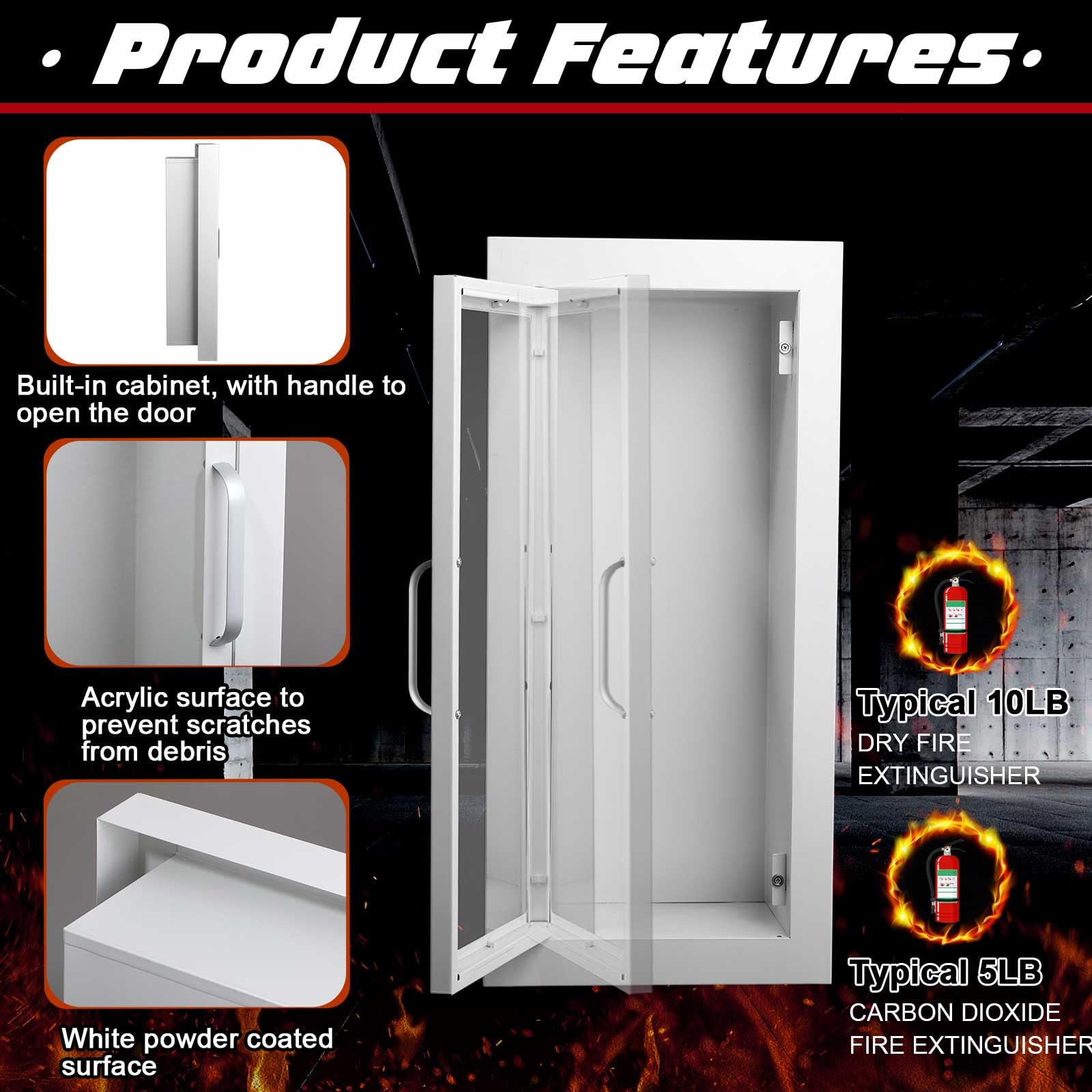 Zonon Armadietto da parete architettonico industriale bianco semi incassato, porta con maniglia versione per estintore chimico secco da 4,5 kg