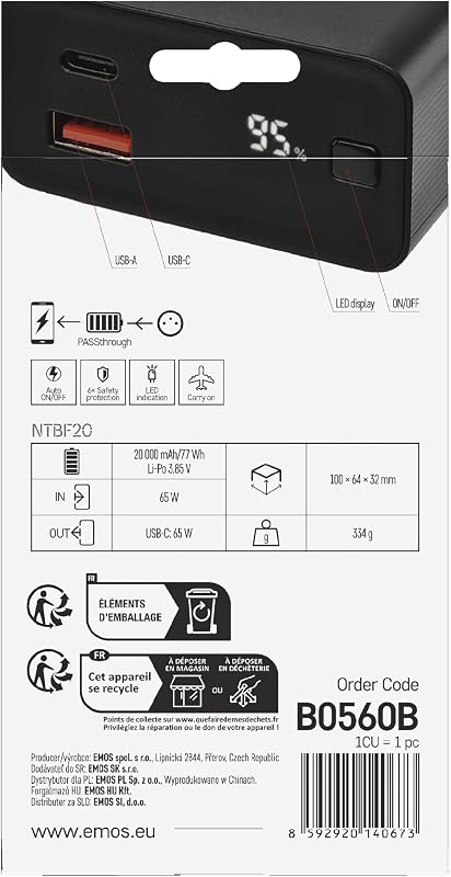 EMOS 20000 mAh Powerbank 65W PD - USB-C/USB-A, Gyorstöltés, Laptop/Tablet/Telefon, Fekete - 20 000 mAh