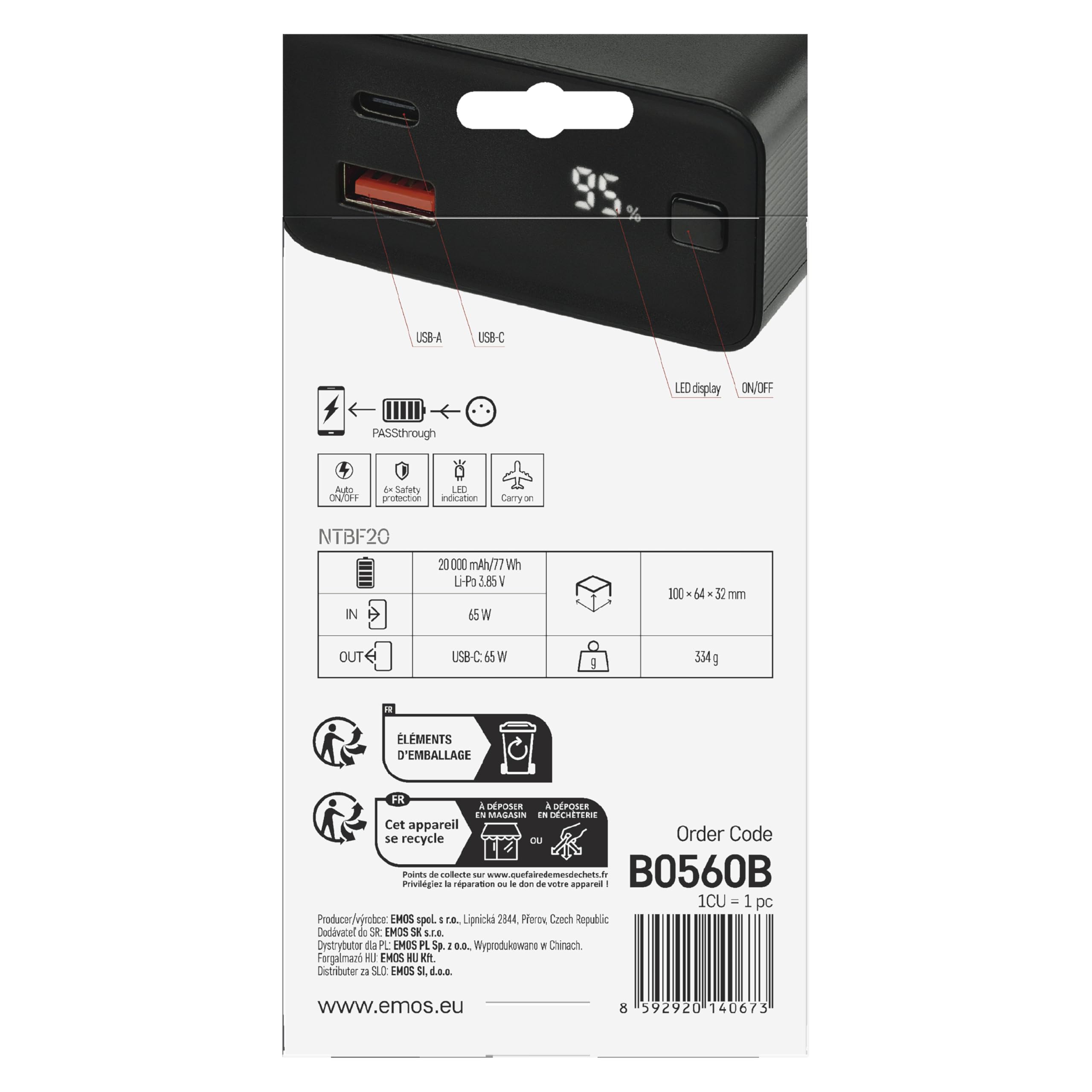 EMOS - Powerbank 20 000mAh NTBF20 - Batterie externe avec passthrough et charge rapide 65W PD - Port USB-C/USB-A avec câble de données USB - pour tablette, ordinateur portable, iPad, téléphone