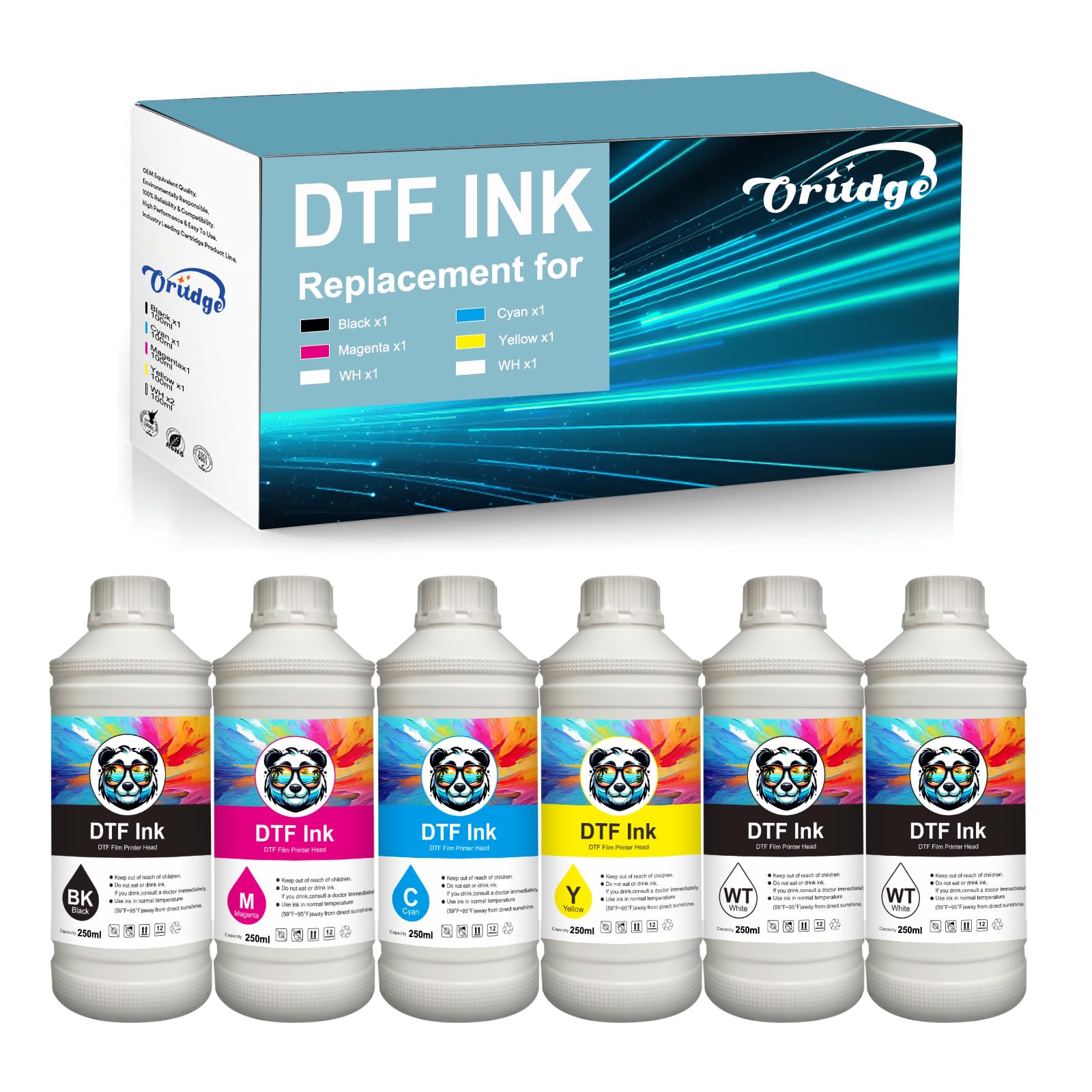 DTF Tinte 1500ml, DTF Transfertinte für DTF Nachfülltinte kompatibel mit Epson DTF Drucker DX5 DX7 R2400 P400 P800 XP600 I3200 4720 TX800 ET-8550, XP-15000, L1800, L805, R1390(CMYK+2WH)