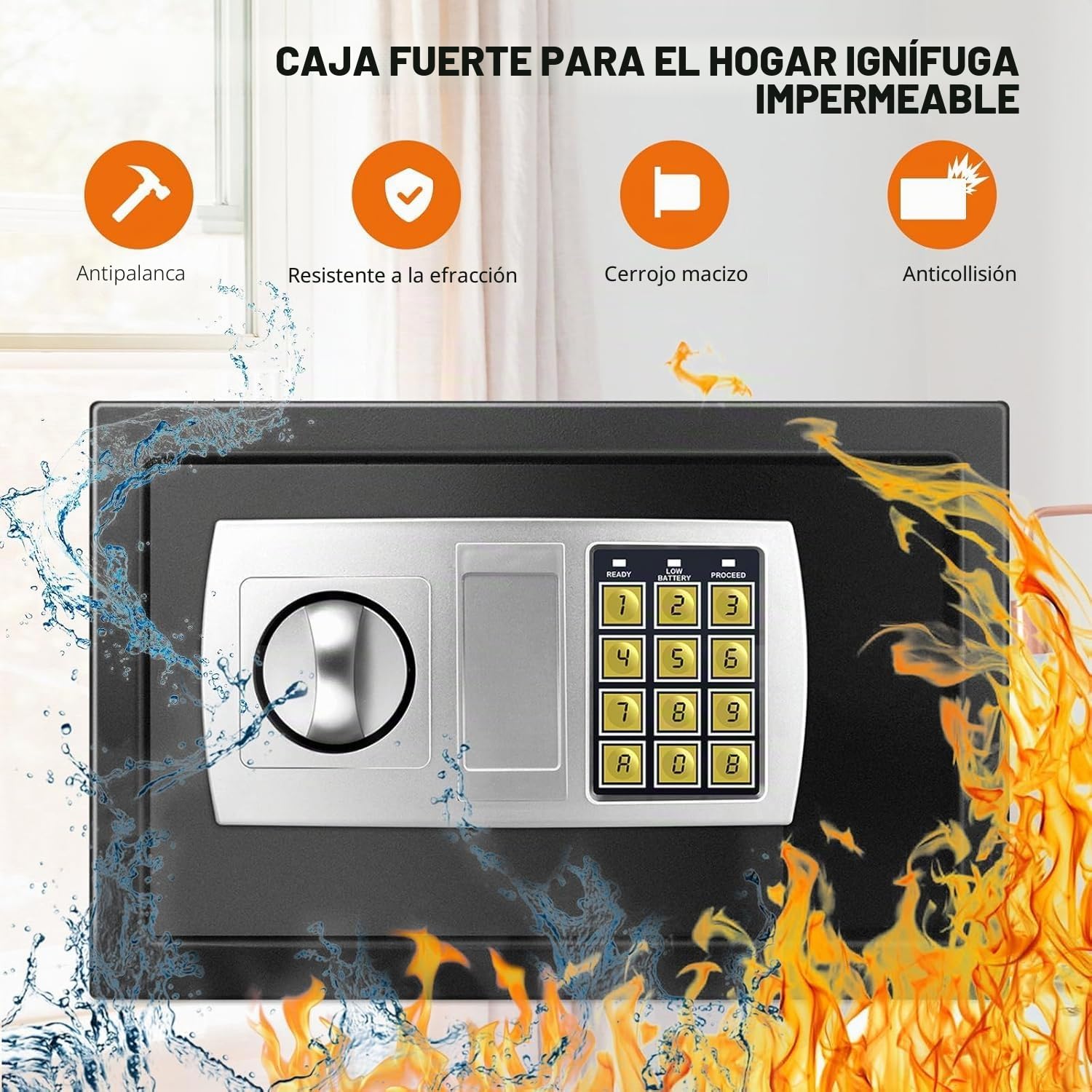 Mini caja fuerte para hogar, 34 l, ignífugo, impermeable, con llave de emergencia, para casa, oficina, caja fuerte, montaje en pared, para dinero en efectivo, joyas, medicamentos, negro, 8,5 l