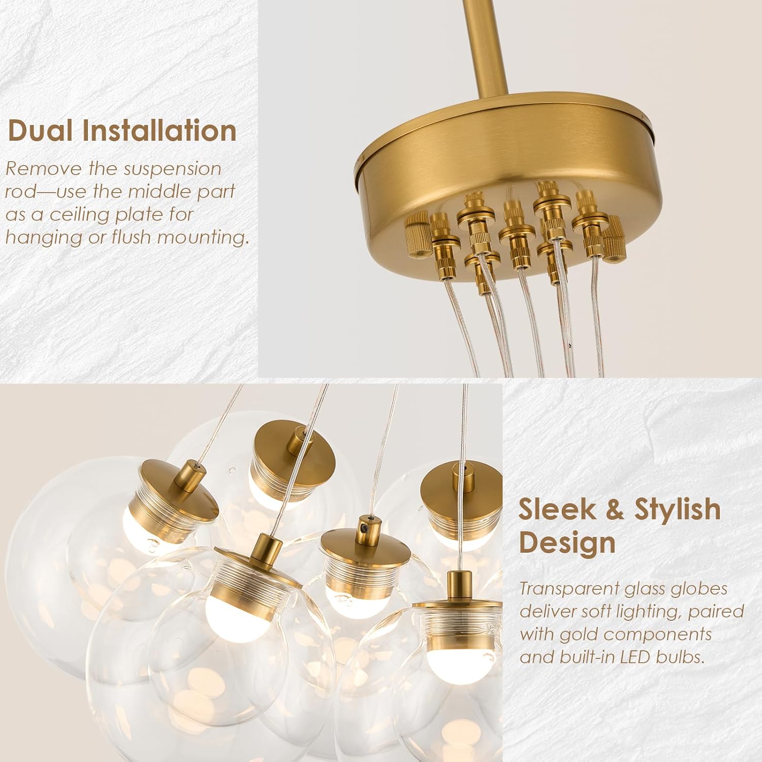 Modern Bubble Chandelier, 7-Light Clear Glass LED Globe Chandelier Lighting, Dual-use Sputnik Pendant Ceiling Light Fixture with Rod for Staircase Dining Room Bedroom Kitchen Island