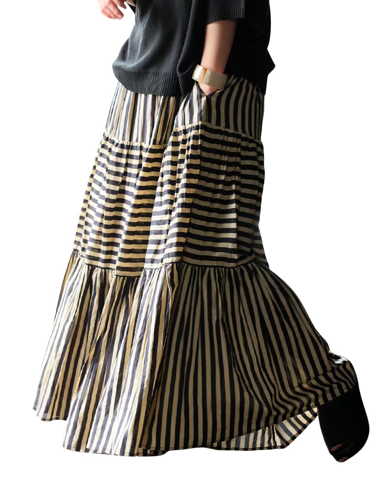 ebossy Womens Striped Tiered Maxi Skirt Elastic High Waist Flowy Pleated Long Cotton Skirts with Pockets