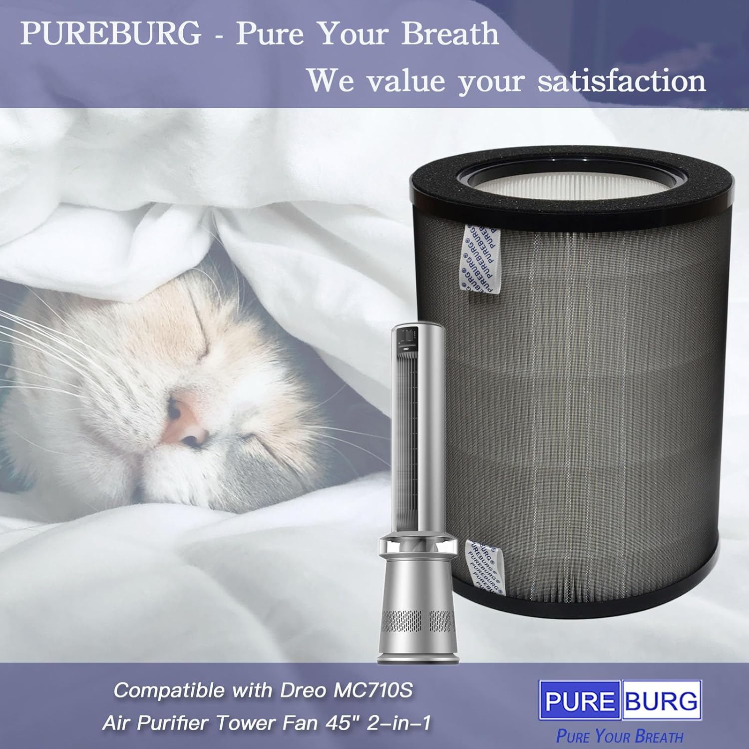 PUREBURG DR-HPA019 Replacement Filter Compatible with Dreo MC710S Air Purifier Tower Fan 45" 2-in-1,2-Pack H13 HEPA Activated Carbon Air Clean Dust VOCs Odor