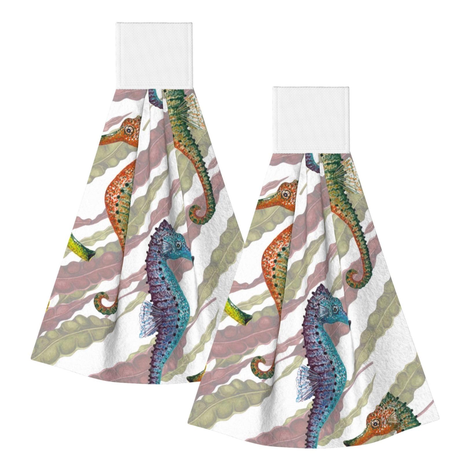 DOPKLNA Laminaria Seahorse, 2 Pcs Hanging Coral Fiber Hand Towels for Bathroom, Absorbent Kitchen Towels