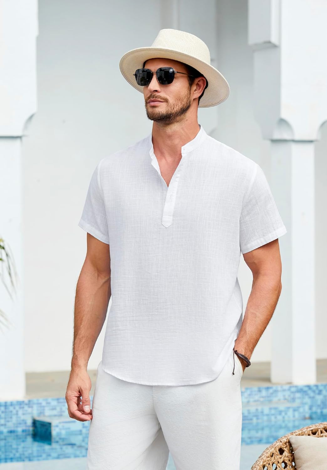 Enlision Mens Cotton Linen Henley Shirts Casual Short Sleeve Shirt Summer Beach Hippie Tshirt Band Collar Shirt for Men - Image 2