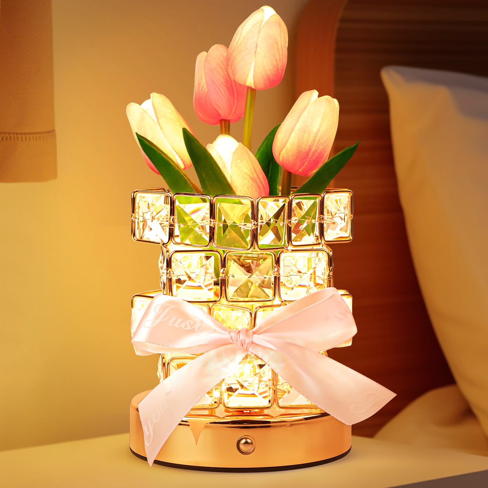 Tulip Flower Lamp Gifts for Women: Rechargeable Cordless Touch Crystal Table Lamp, Battery Powered Small Night Light, Mothers Day Birthday Present for Mom Grandma, Kitchen Bedroom Office Decor