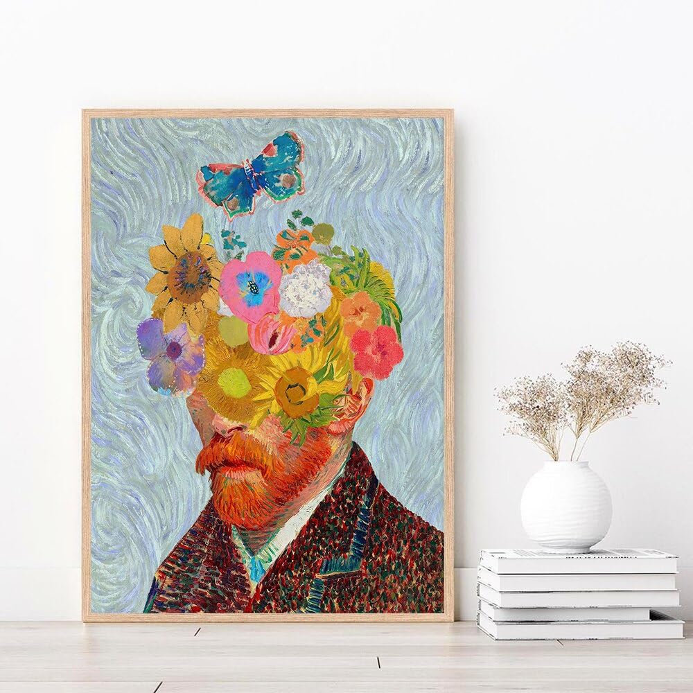 Amazon.co.jp: HD 印刷ゴッホフィギュア絵画自画像抽象蝶花ポスター