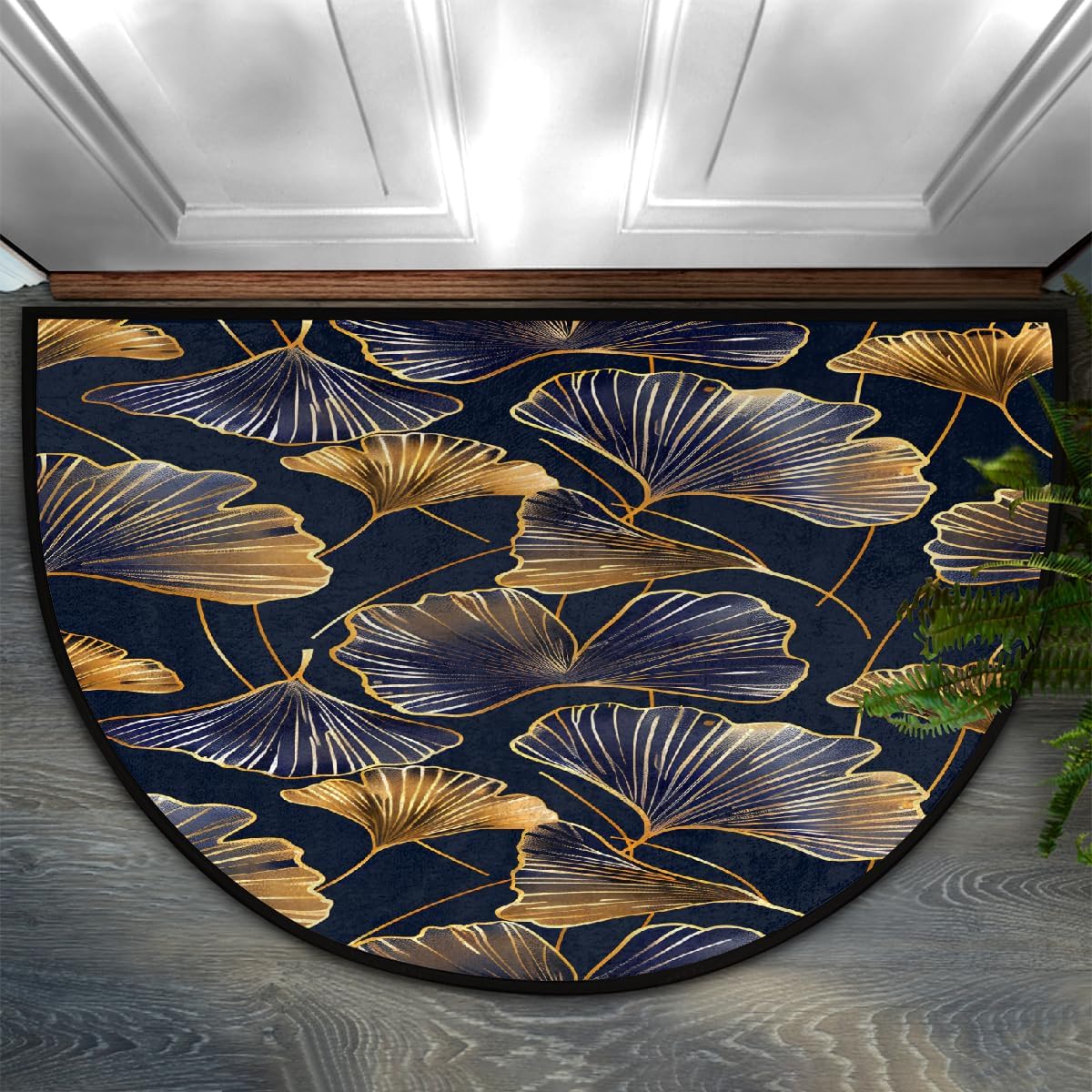 Half Round Door Mat Leaves Abstract Ginkgo Half Moon Rug Washable Half Circle Area Rugs Indoor Entrance Non Slip Semi Circle Bathroom Rugs Floor Carpet for Kithen Bedroom Fireplace Decor