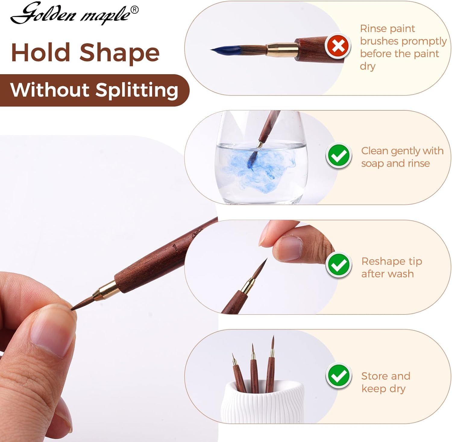 Golden Maple Kolinsky Sable Brushes, 3PCS Fine Point Watercolor Brushes, Professional Model Miniature Paint Brushes Suitable for Watercolor, Gouache, Tempera, Acrylic, Figure Painting, Size #2/0#1#3