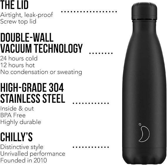 chilly’s bottles waterproof leak-proof stainless steel bpa-free reusable water bottle double vacuum wall keeps cold drinks cold for more than 24 hours and hot drinks hot for 12 hours 500 ml