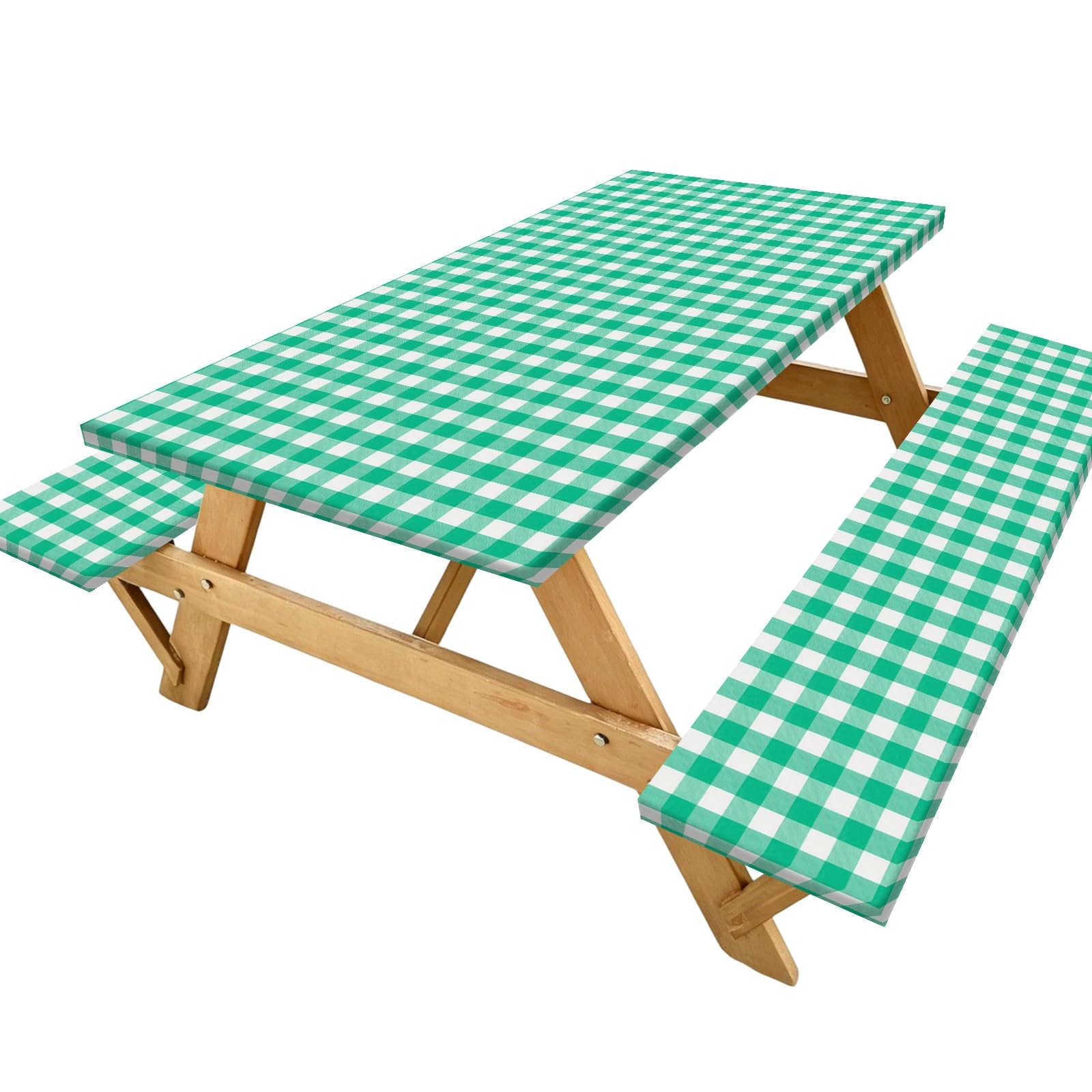 M METERXITY 1 Set Picnic Table Cover with Bench Covers, Flannel Back Waterproof 72x30 Inch Rectangular Elastic Fitted Tablecloth for Camping/Outdoor/Patio/Garden/Party [Checked Green White]