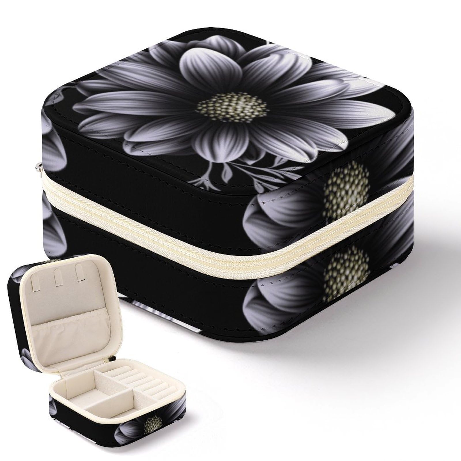 Boîte à bijoux pour femme en cuir noir avec motif fleur pour ranger bagues et colliers