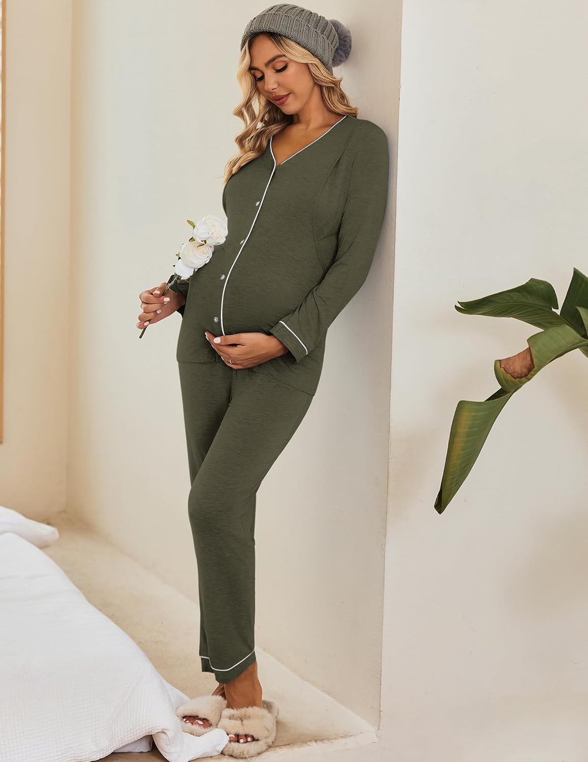 Ekouaer Maternity Pajama Set Button Down Nursing Pajamas Long Sleeve Breastfeeding Loungewear with Adjustable Pants - Image 3