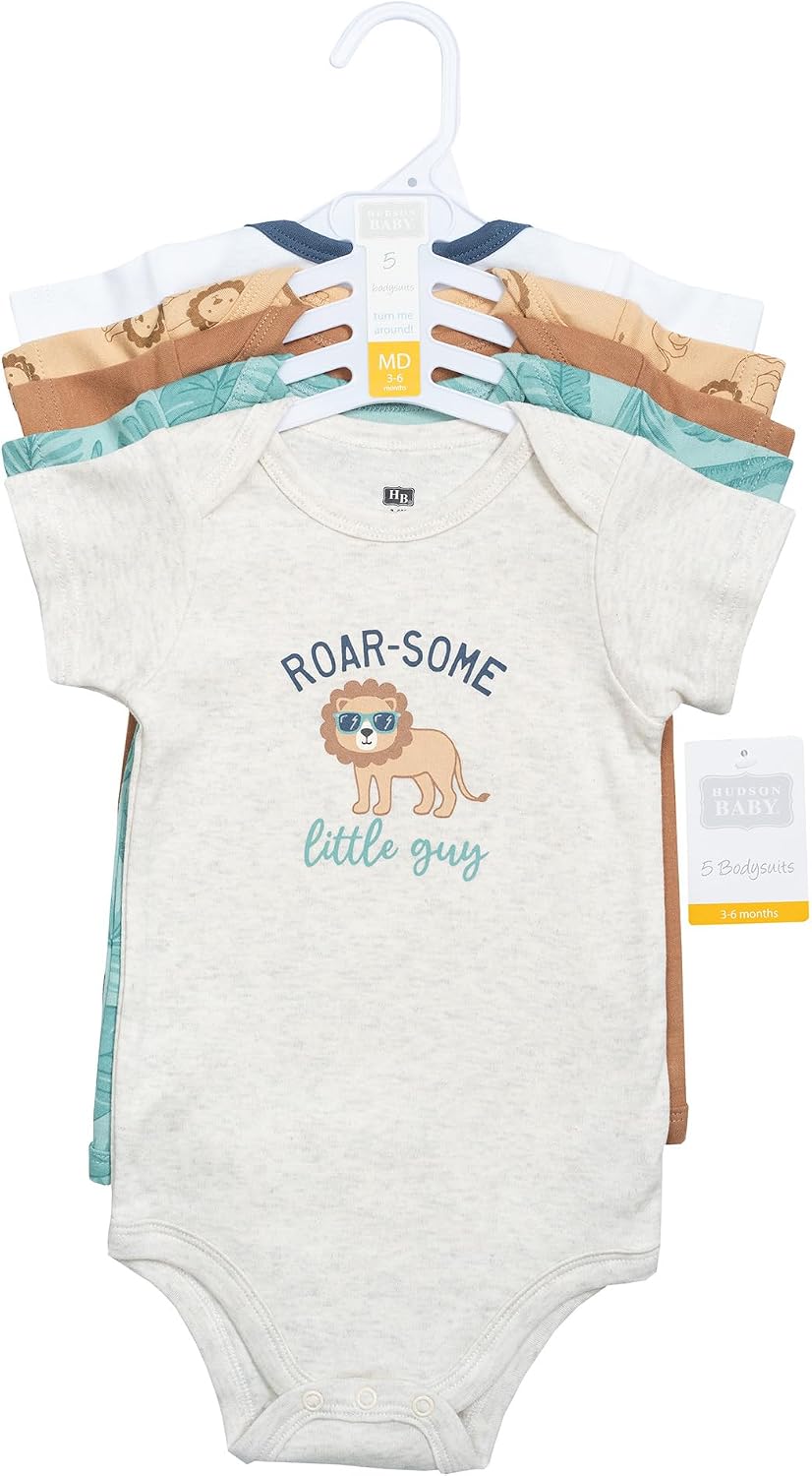 Hudson Baby Infant Boys Cotton Bodysuits 5-Pack, Roarsome Little Lion, 0-3 Months