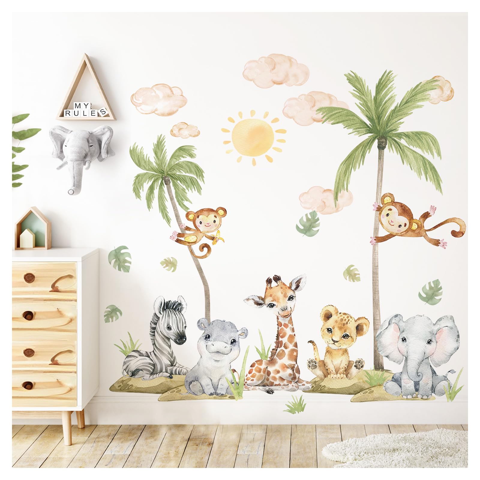 Stickers muraux XXL safari pour chambre d'enfant avec girafe et éléphant DK1052