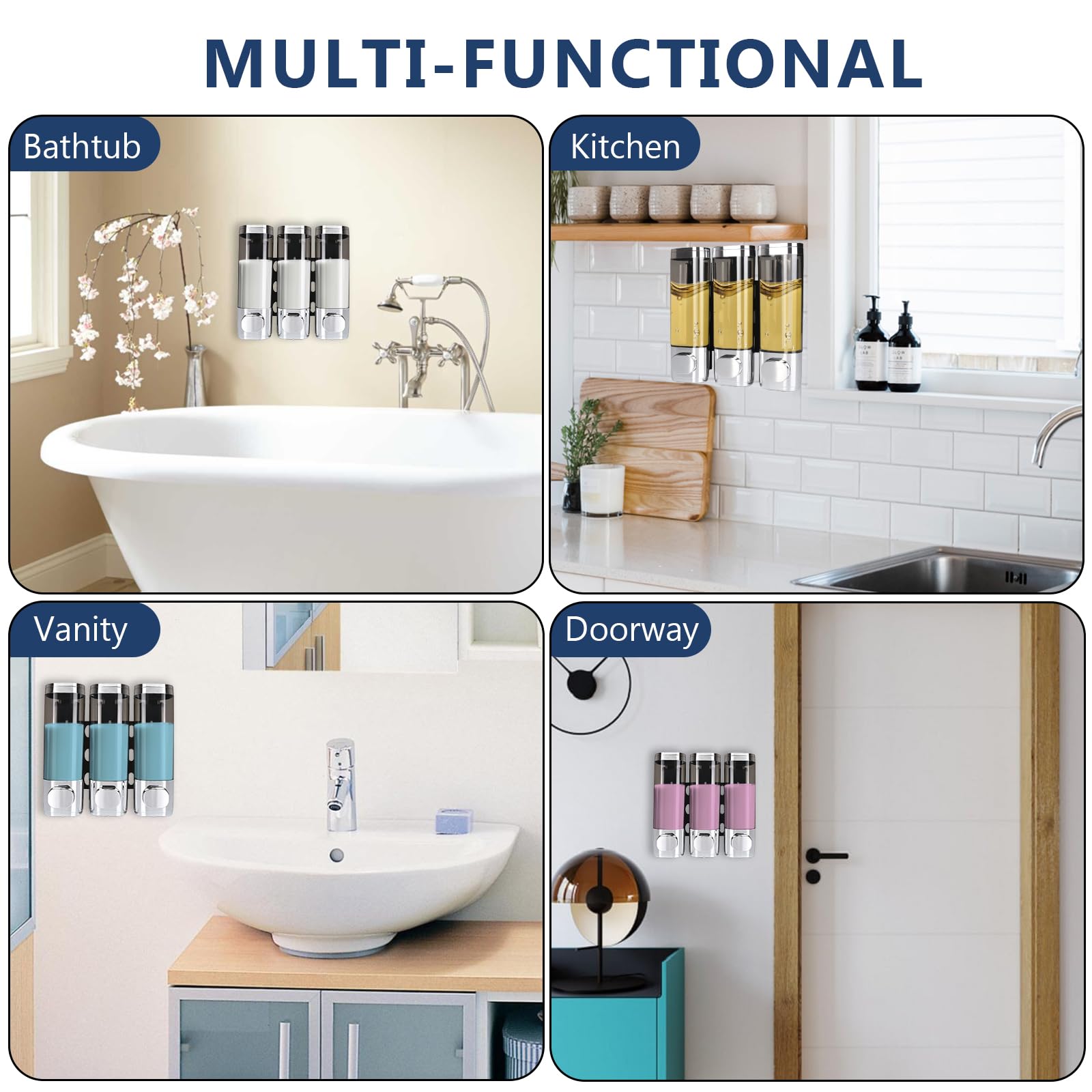 Dispenser di sapone 3 in 1 per bagno a parete, dispenser e organizer per doccia, 3 camere senza trapano, accessori per doccia per shampoo, balsamo, bagnoschiuma, bagno, cucina, hotel