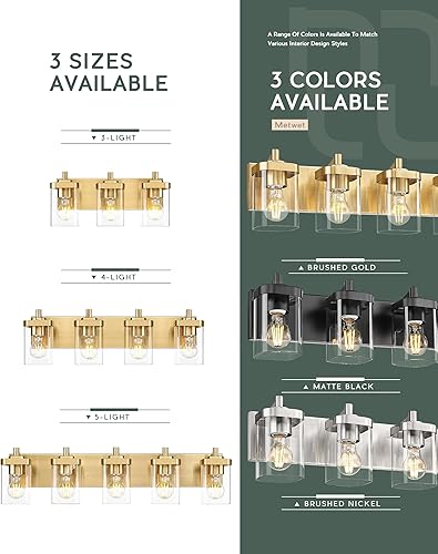 Miniatura 7 de VL194-BG-3 - Lámpara de tocador de baño sobre espejo, 3 luces de oro cepillado con pantalla cuadrada de vidrio transparente, apliques de pared