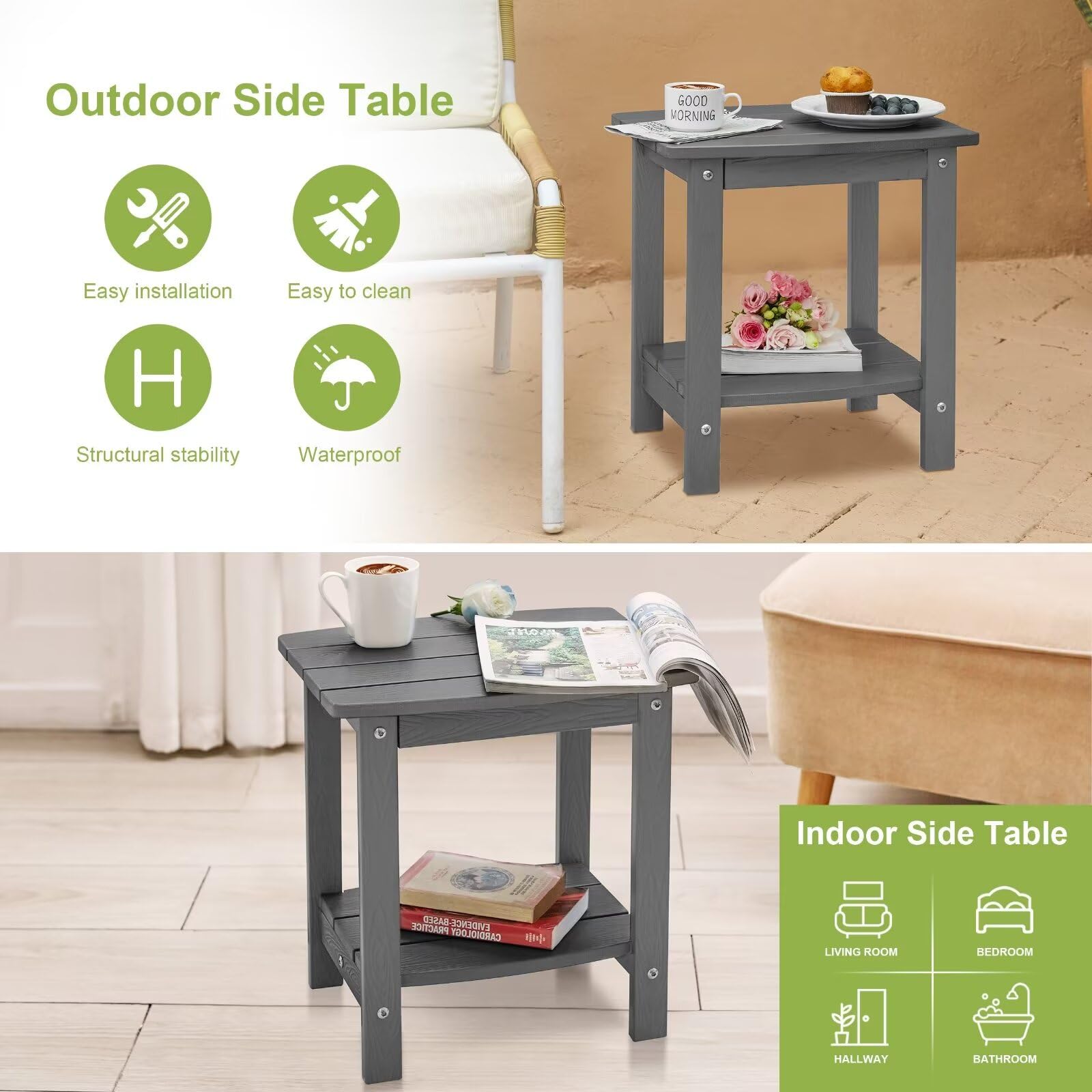 HIPS Adirondack - Mesa auxiliar para exteriores, pequeña de doble capa, impermeable, cuadrada, balcón, mesas auxiliares modernas para patio, piscina, playa, porche, cubierta, uso en interiores o 6