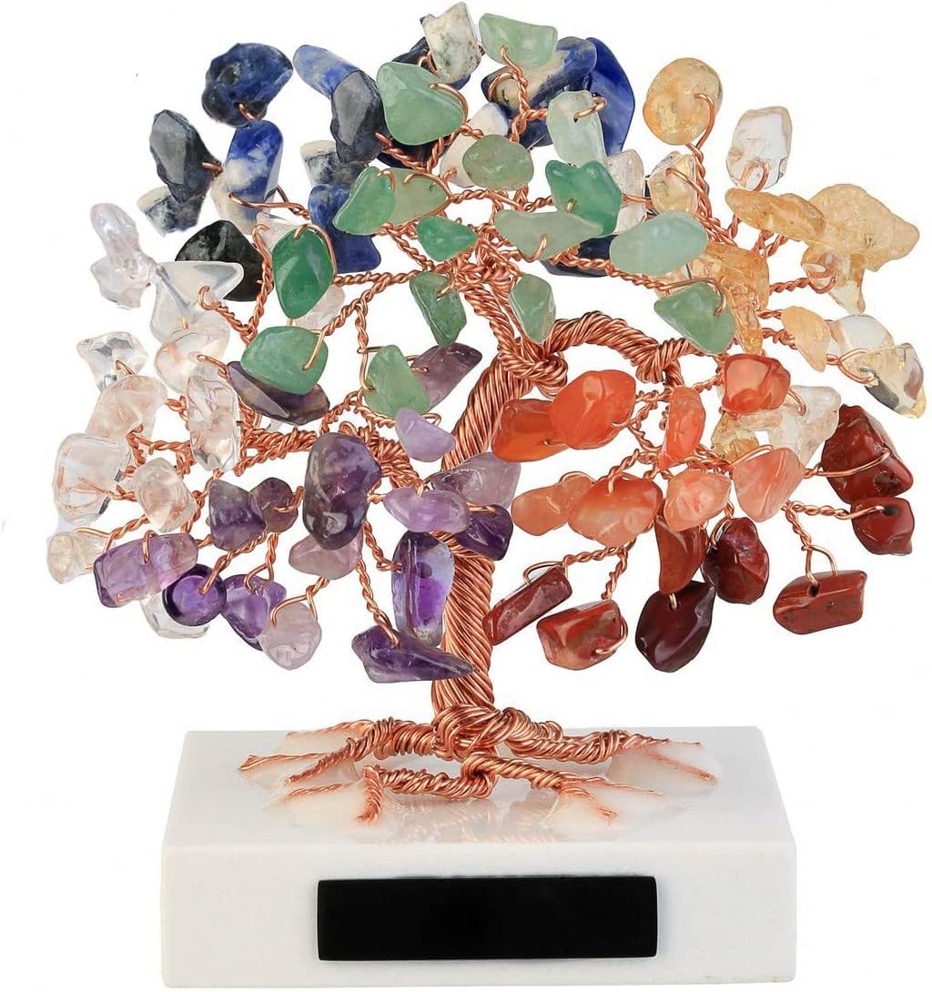 3.54"-4.7" Mini Natural 7 Chakra Crystals Money Tree Tumbled Gemstones Bonsai Fortune Tree on Marble Base Feng Shui Ornaments for Good Luck, Wealth Home Office Decor Spiritual Gift