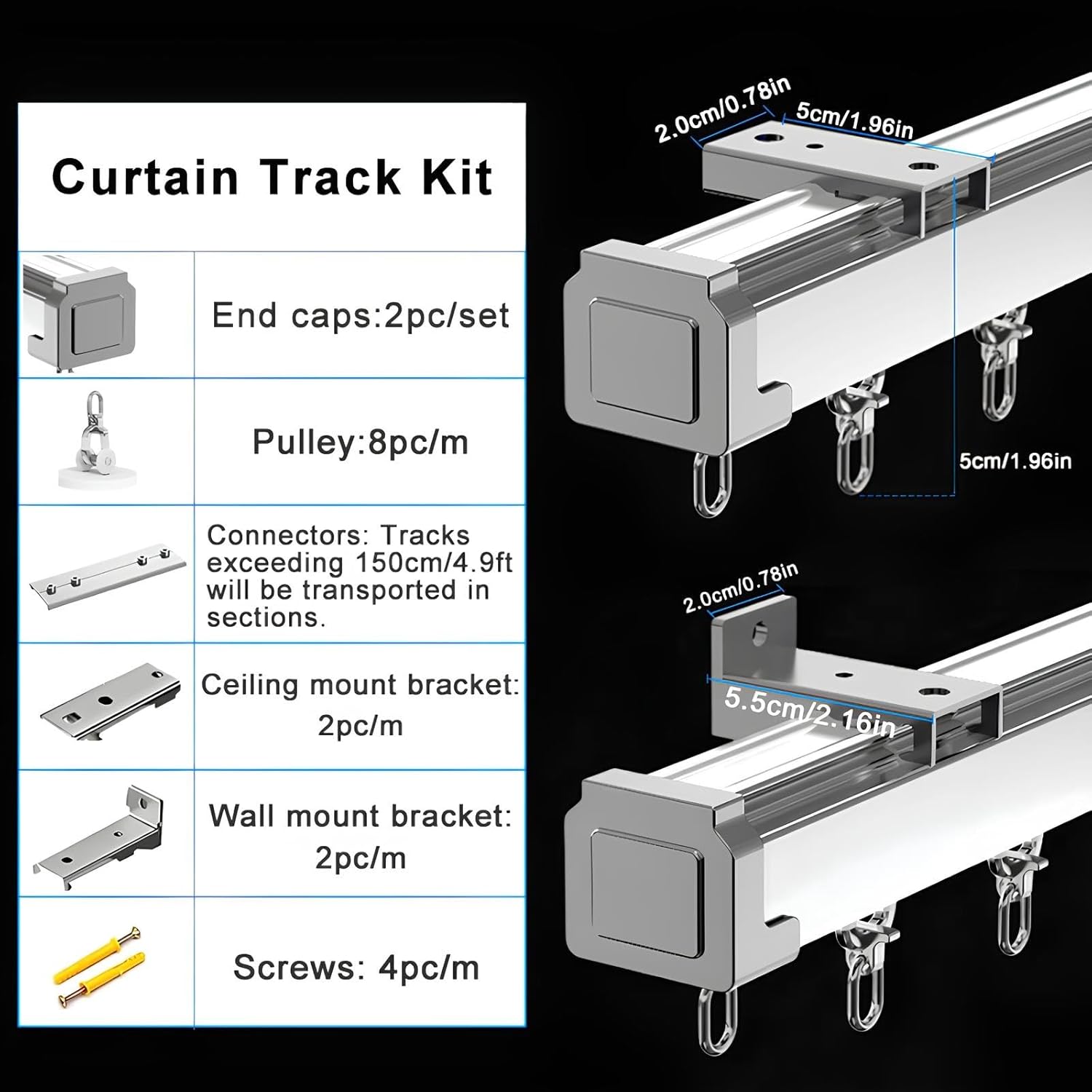 Curtain Rods For Windows 2-19.7 FT, Room Divider Ceiling Track For Curtains, Customizable Aluminum Alloy Rail/pole Kit Set With Rollers(Wall-Blue,105cm/3.44ft)