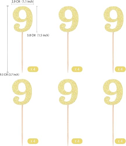 Miniatura 2 de Gexolenu 24 piezas doradas de doble cara para cupcakes de 9 cumpleaños, decoración con purpurina de nueve años, decoración de fiesta de cumpleaños