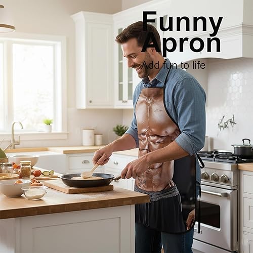 Miniatura 2 de Divertido delantal muscular, delantales para adultos para hombres con cuello ajustable, delantales novedosos para cocinar a la parrilla y fiestas