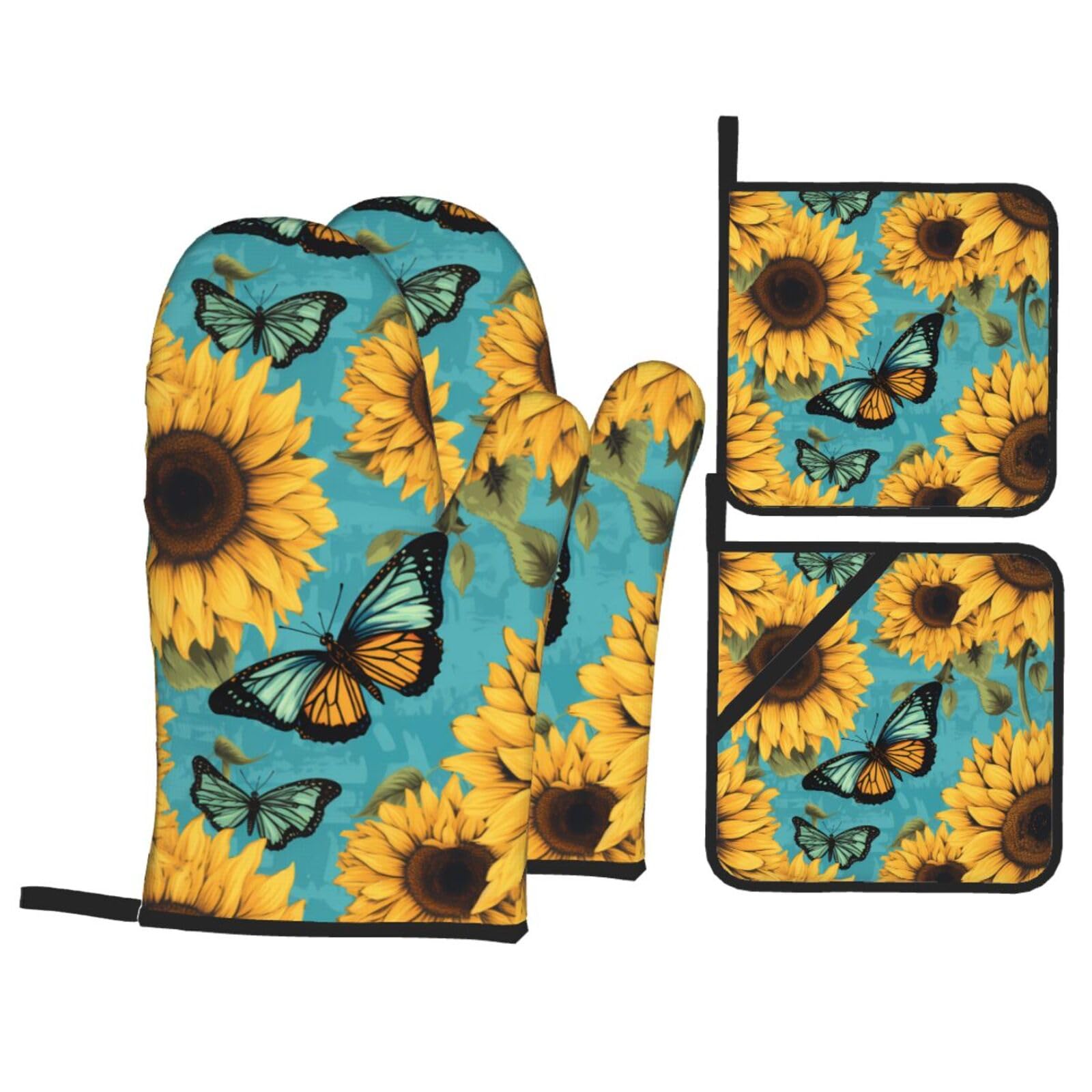 HJFCZH Sky Sunflower Butterfly Picture Kitchen Baking Set of 4 Thick Insulated Oven Mitt & Pot Holders, Anti-Scalding for Microwave, Oven, Outdoor BBQ
