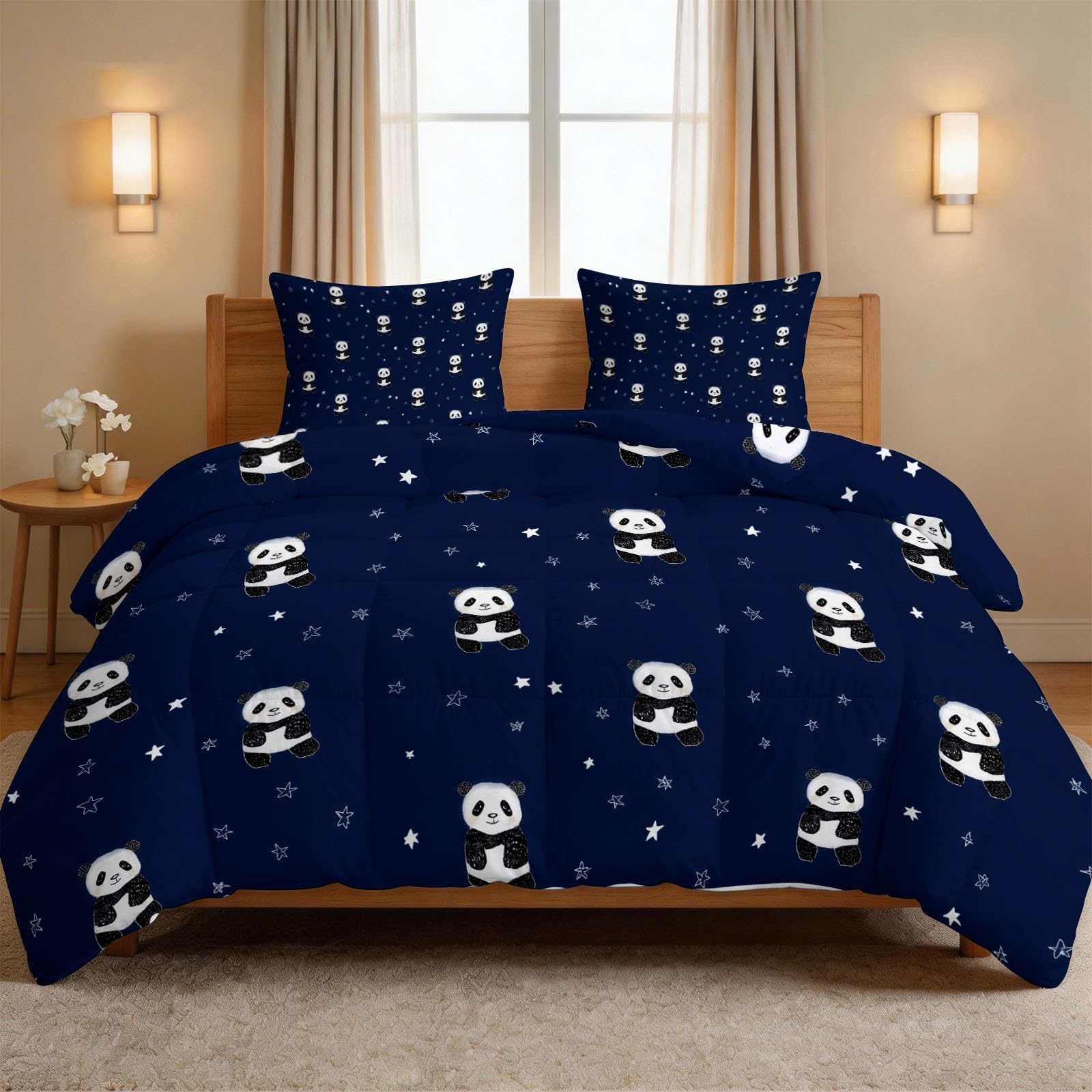 Poszewka na kołdrę bez poszewki, podwójna, 200 x 200 cm, kreskówkowe zwierzę, kołdra z 2 poszewkami na poduszki, urocza panda, gwiazdki, dwustronna kołdra, na wszystkie pory roku, hipoalergiczna