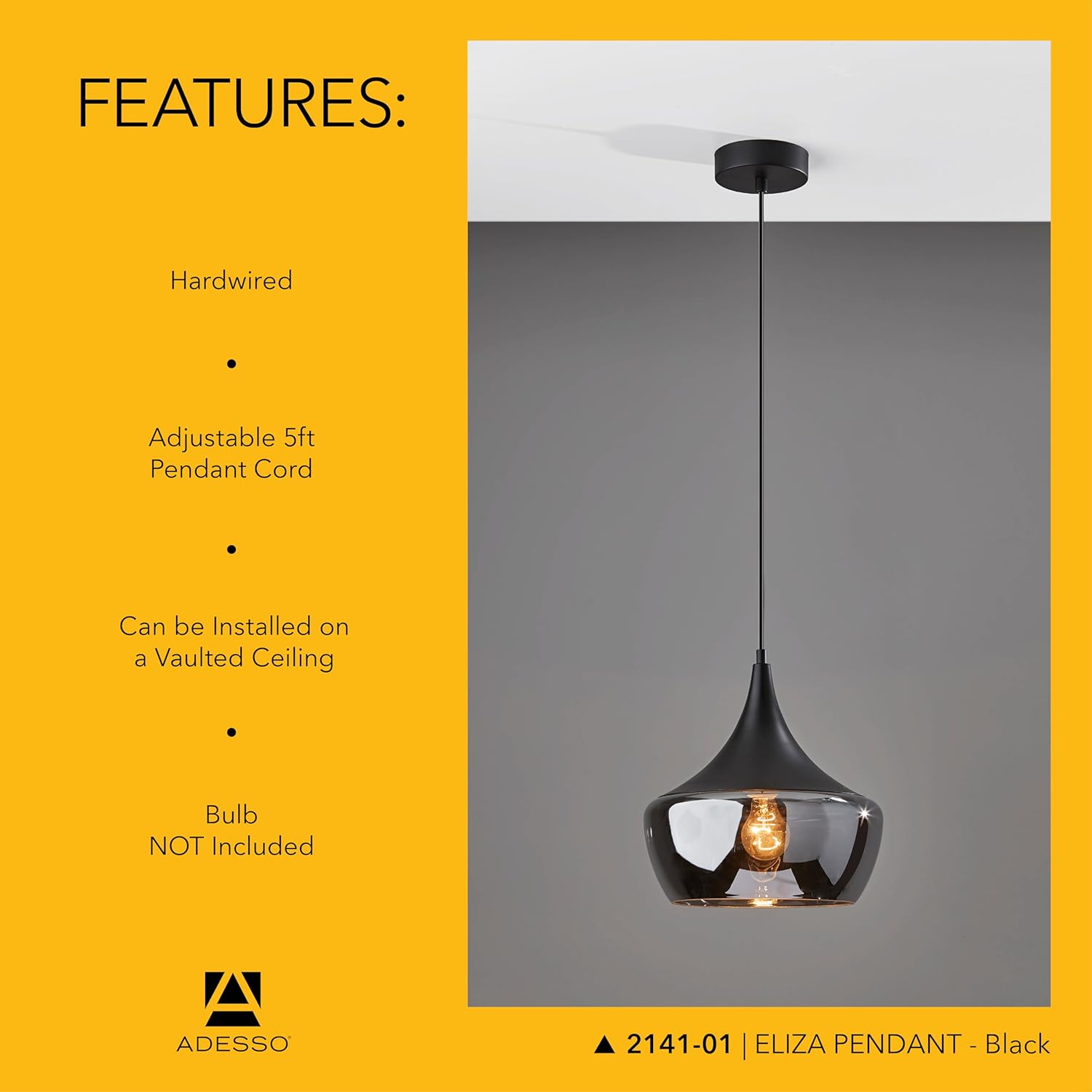 Adesso Black Ceiling Pendant with Smoked Glass Dome Shade – Adjustable Hanging Length, Ambient Accent Lighting for Kitchen, Living Room or Home Office