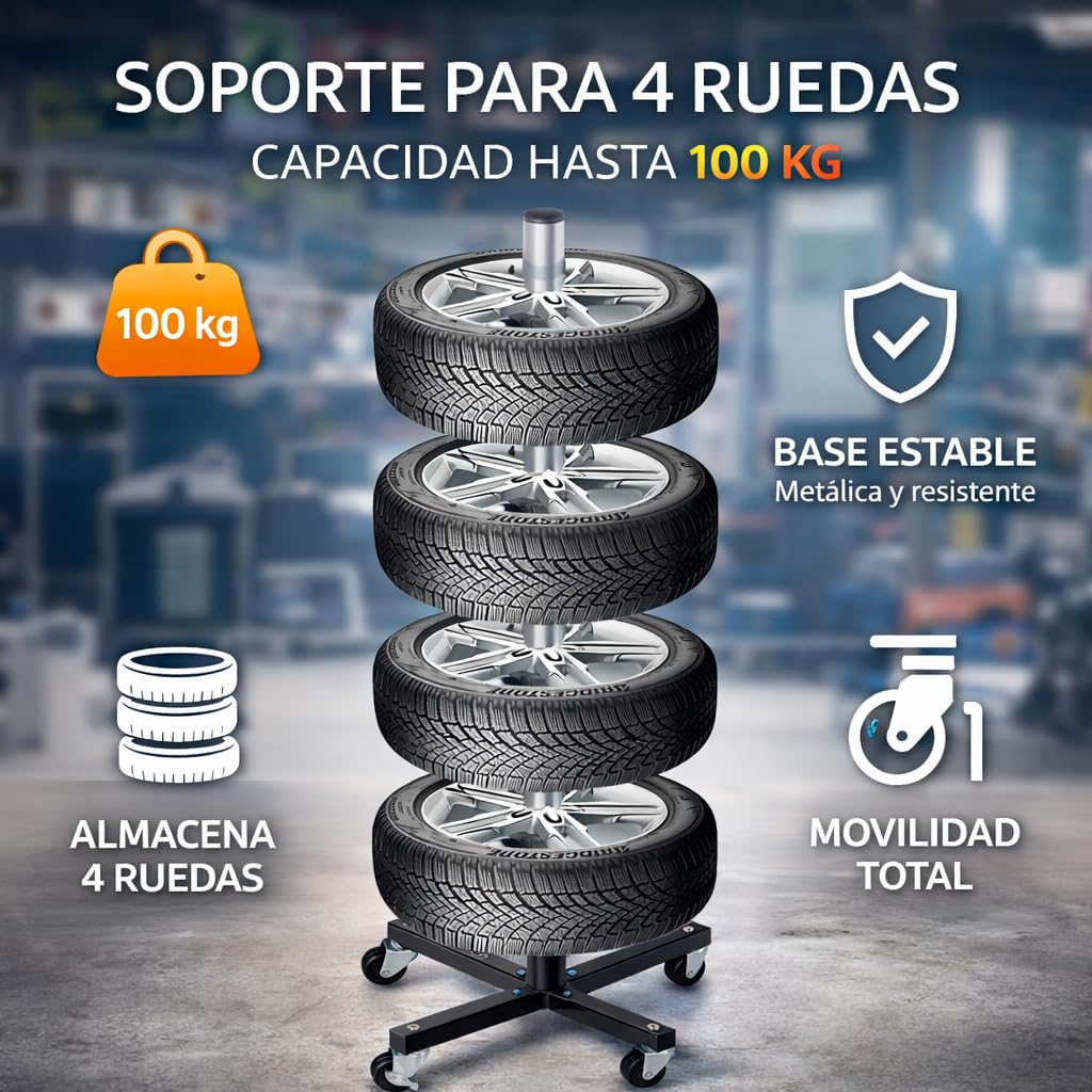 Soporte para 4 Ruedas con Ruedas y Freno, Rack portaneumáticos hasta 100 kg, Soporte Vertical para Llantas y neumáticos, Organizador de Ruedas para Garaje y Taller, Base metálica Estable