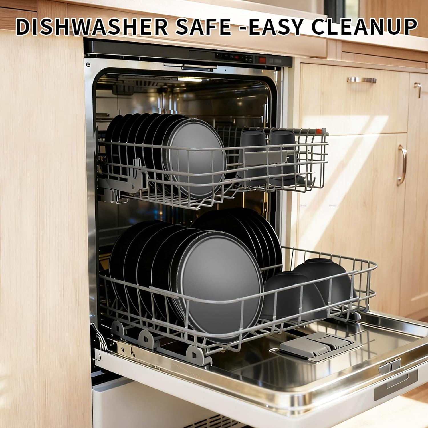 40 Piece RV & Camping Dinnerware Set, Elegant Ceramic-Look Large Bowls & Plates, Unbreakable & 100% Microwave Safe, Melamine Alternative Service for 8, Black