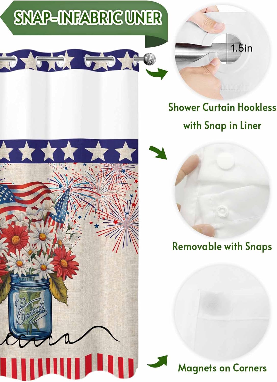 No Hook Shower Curtain with Snap in Liner, Memorial Day Flower Patriotic Flag Waterproof Bath Curtain Double Layers with See Through Top Window, Star and Stripe on Burlap Hotel Shower Curtains