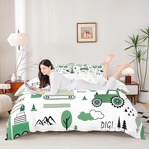 Miniatura 3 de Feelyou Juego de ropa de cama de construcción para niñas y niños, tamaño matrimonial, diseño de dibujos animados, excavadora, tractor, juego de