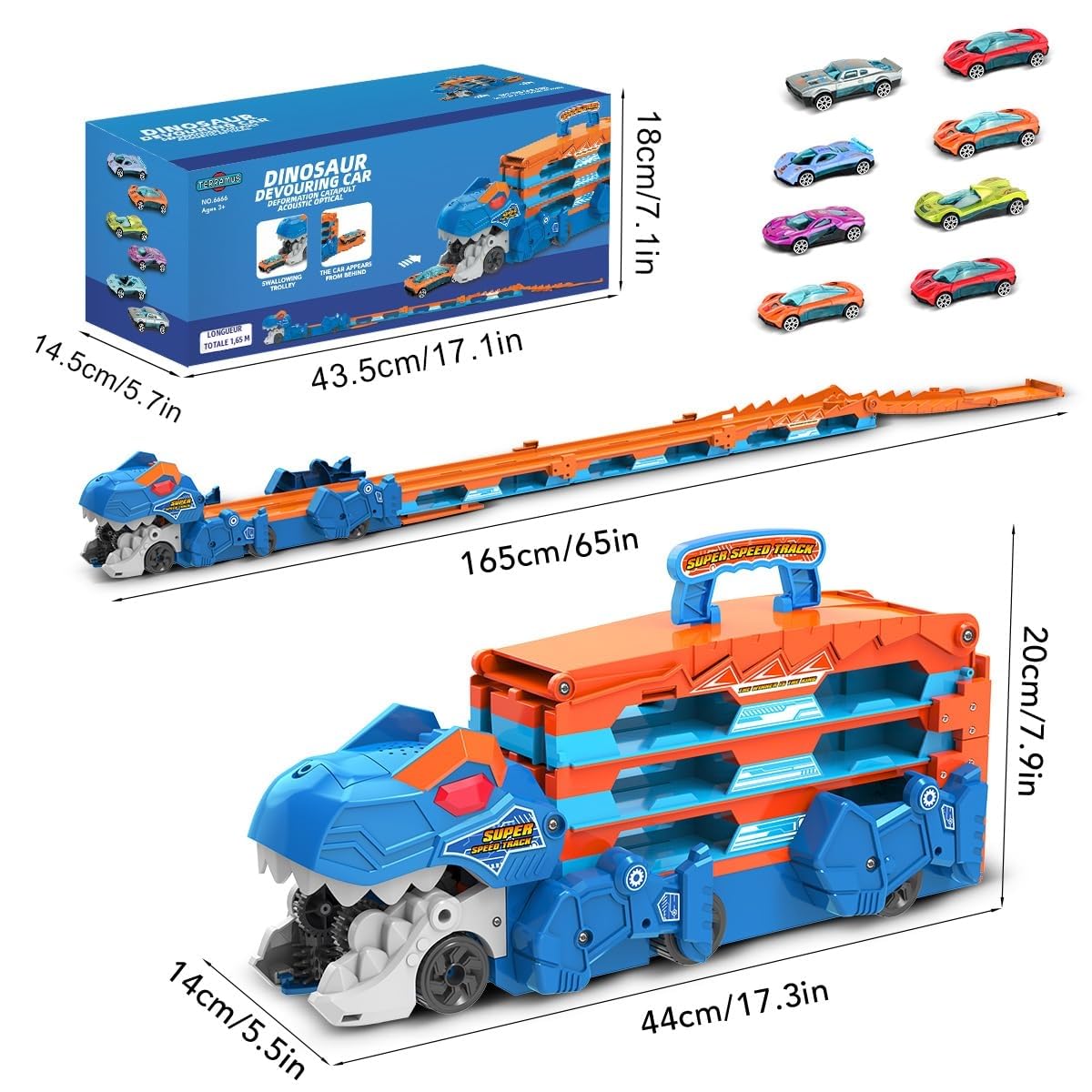 TERRAMUS Camion de transport Dinosaure - Jeu de jouets de voiture 3 en 1 avec éjection, piste pliante portable pour enfants avec 8 voitures de course, jeu de jouets de voiture portable pour enfants