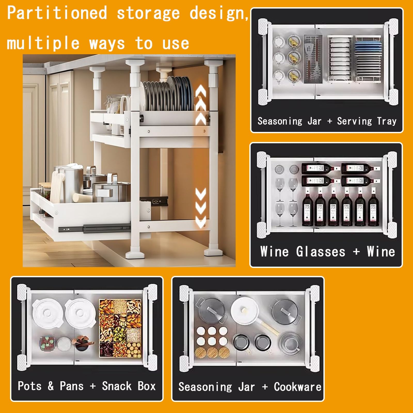 Tiroir De Cuisine Extensible À Deux Niveaux - Largeur Extensible : 49 À 80 Cm, Organiseur Extensible Pour Casseroles Et Poêles Sous L'armoire, Organisateur De Tiroir De Cuisine Sans Perçage(49*42*52.5