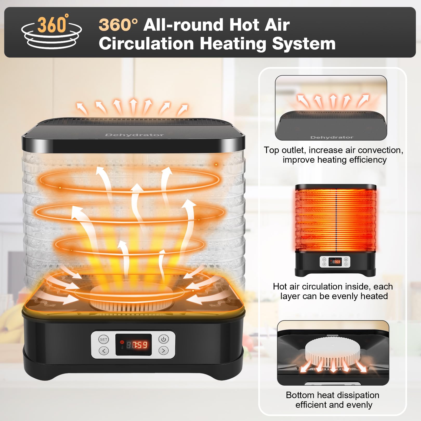 Meykey Deshidratador de Alimentos 8 Pisos, 400 W, Eléctrico de Acero Inoxidable Con Indicador de Tiempo, Temporizador y Control de Temperatura