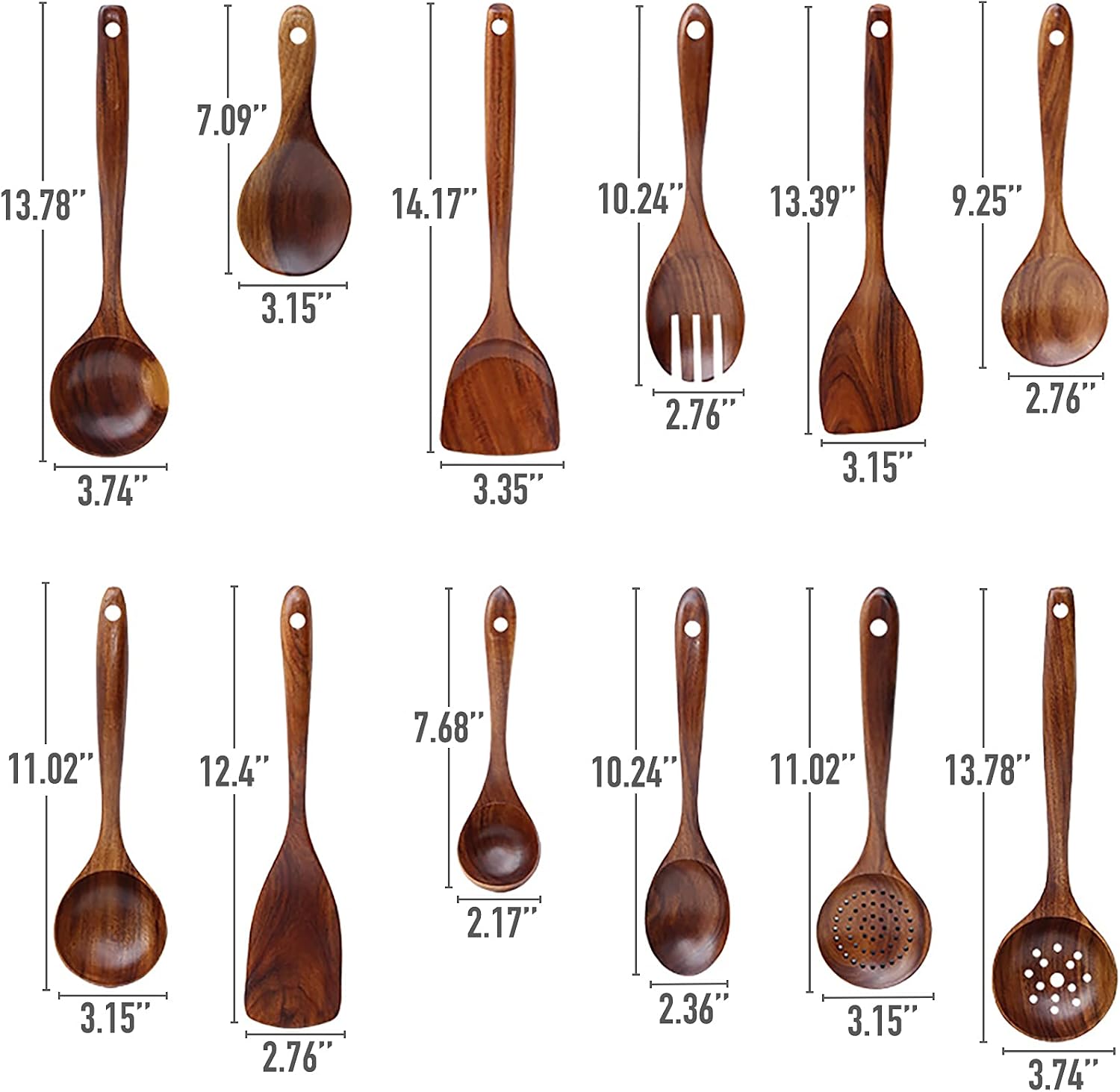 2 pcs Wooden Soup Spoons with Bold Handle (13.8'' x 3.7''), Long Handle Natural Teak Spoon, Wooden Ladle for Cooking, Heavy Duty Cooking Spoon for Nonstick Pot, Mixing Spoon Kitchen Utensil