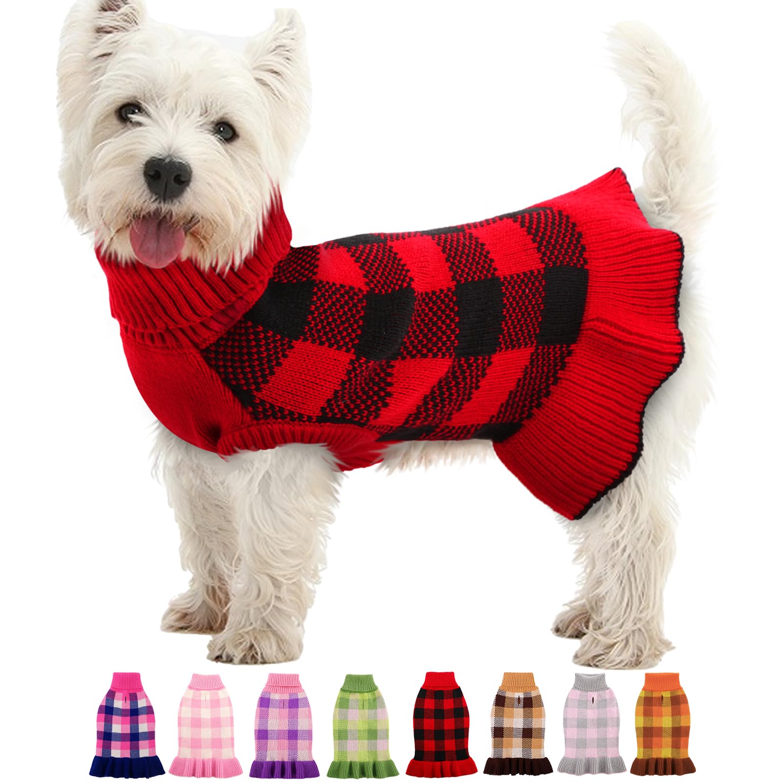 Dog Sweater Dress Plaid Knitwear for Small Medium Dogs Warm Puppy Pet Turtleneck Stretch Pullover Cute Fall Winter Vest Clothes with Leash Hole for