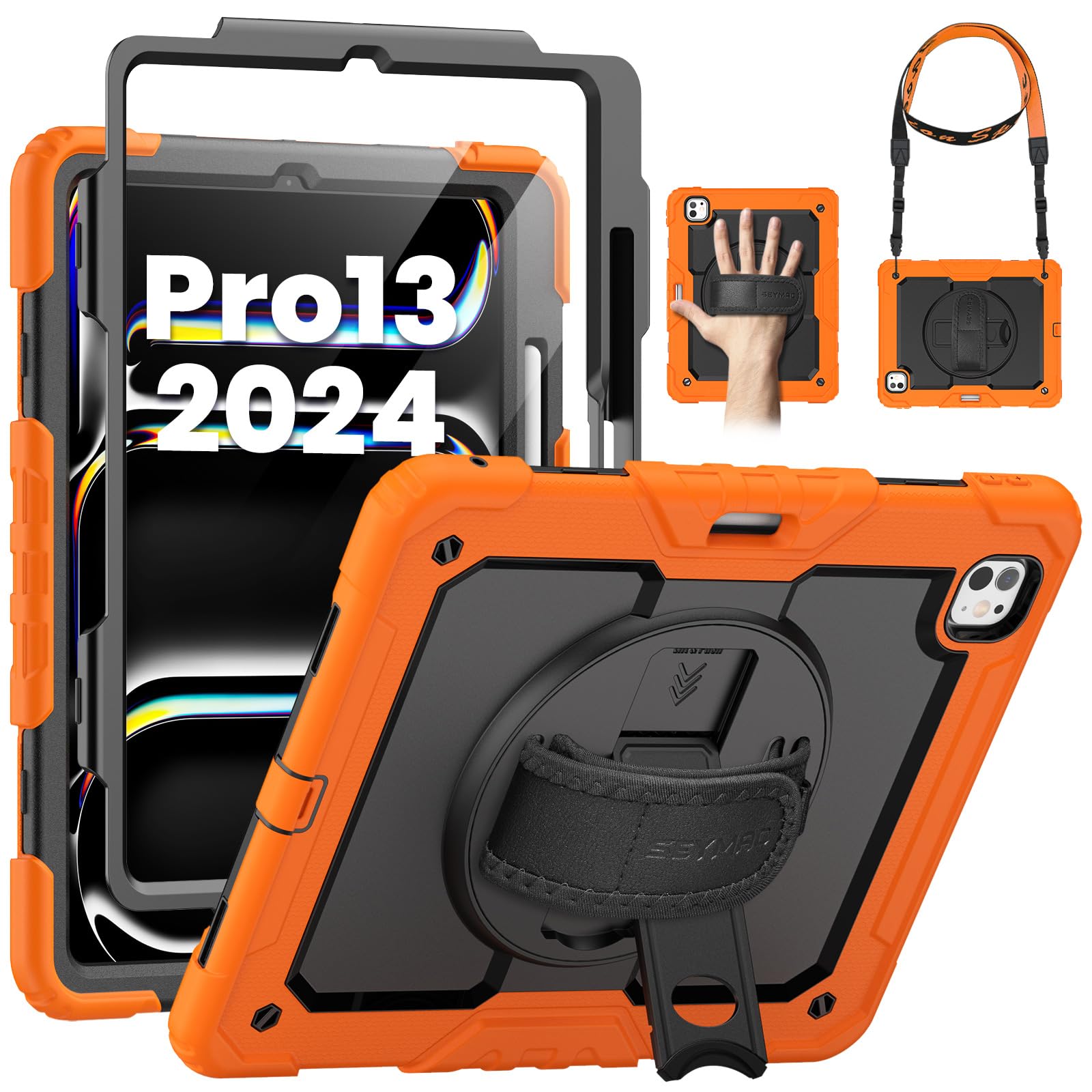SEYMAC for iPad Pro 13 Inch Case 2024 M4 (7th Generation), Heavy Duty Shockproof Protective Case with Screen Protector, 360° Rotating Stand, Hand/Shoulder Strap and Pen Holder, Orange