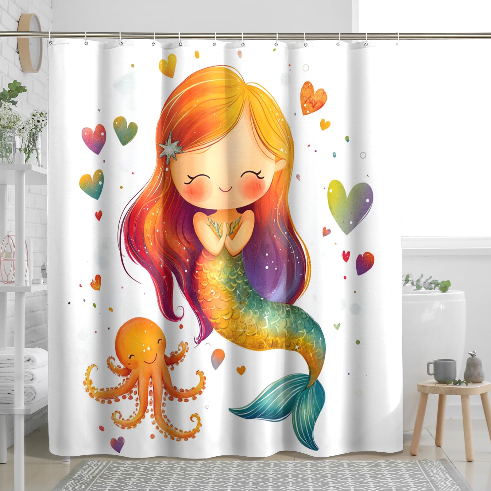 DESIHOM Cute Cartoon Mermaids Shower Curtain Set, Ocean Octopus Kid Shower Curtain, Girls Sealife Bathroom Accessories, Fabric Decorative -78 Inch