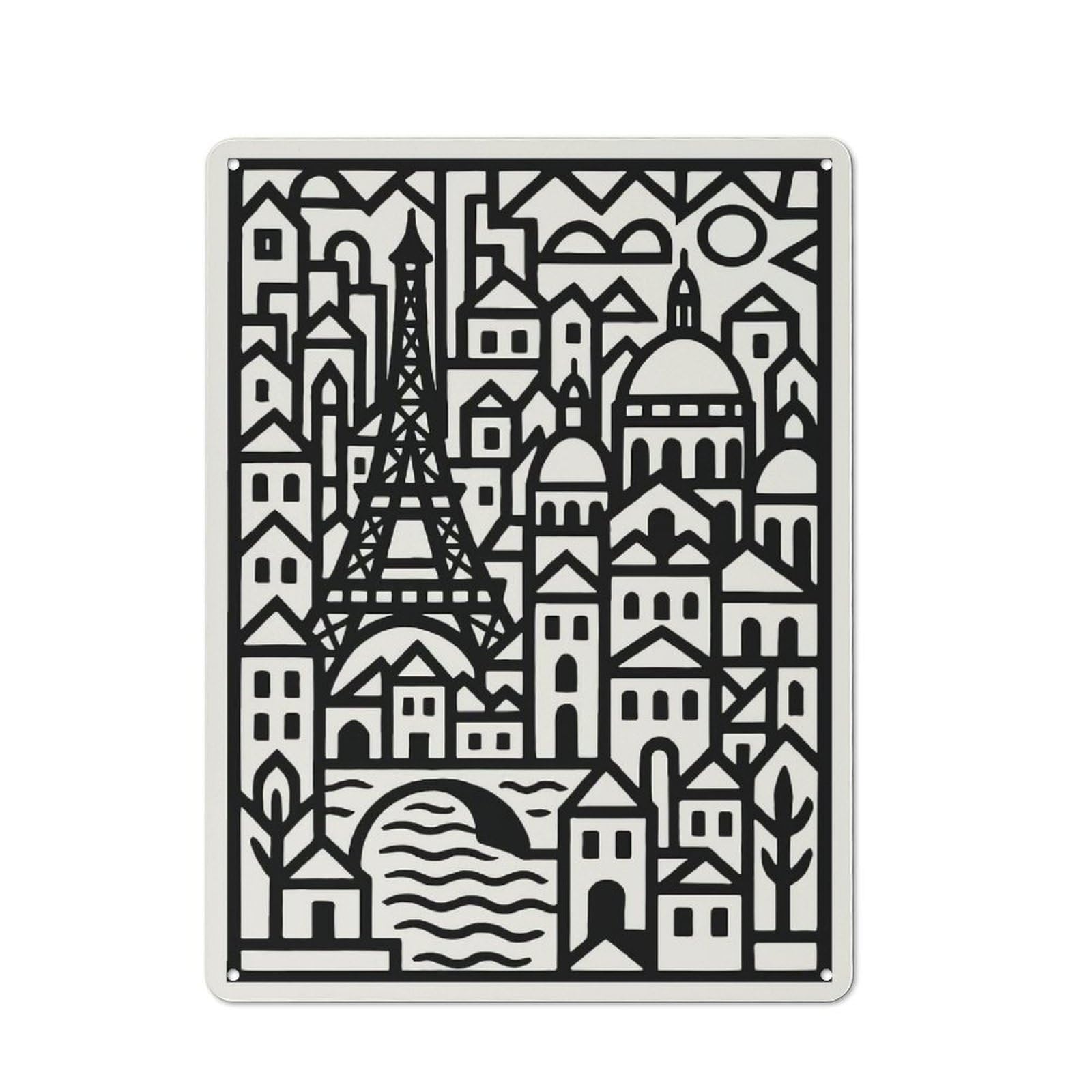 Junmoney Style-12 Metal Sign 40X30cm With Paris Cityscape Black And White Illustration For Pub Or Café, Vintage Decor, For Metal Sign Collectors, For Garage And Workshop Walls