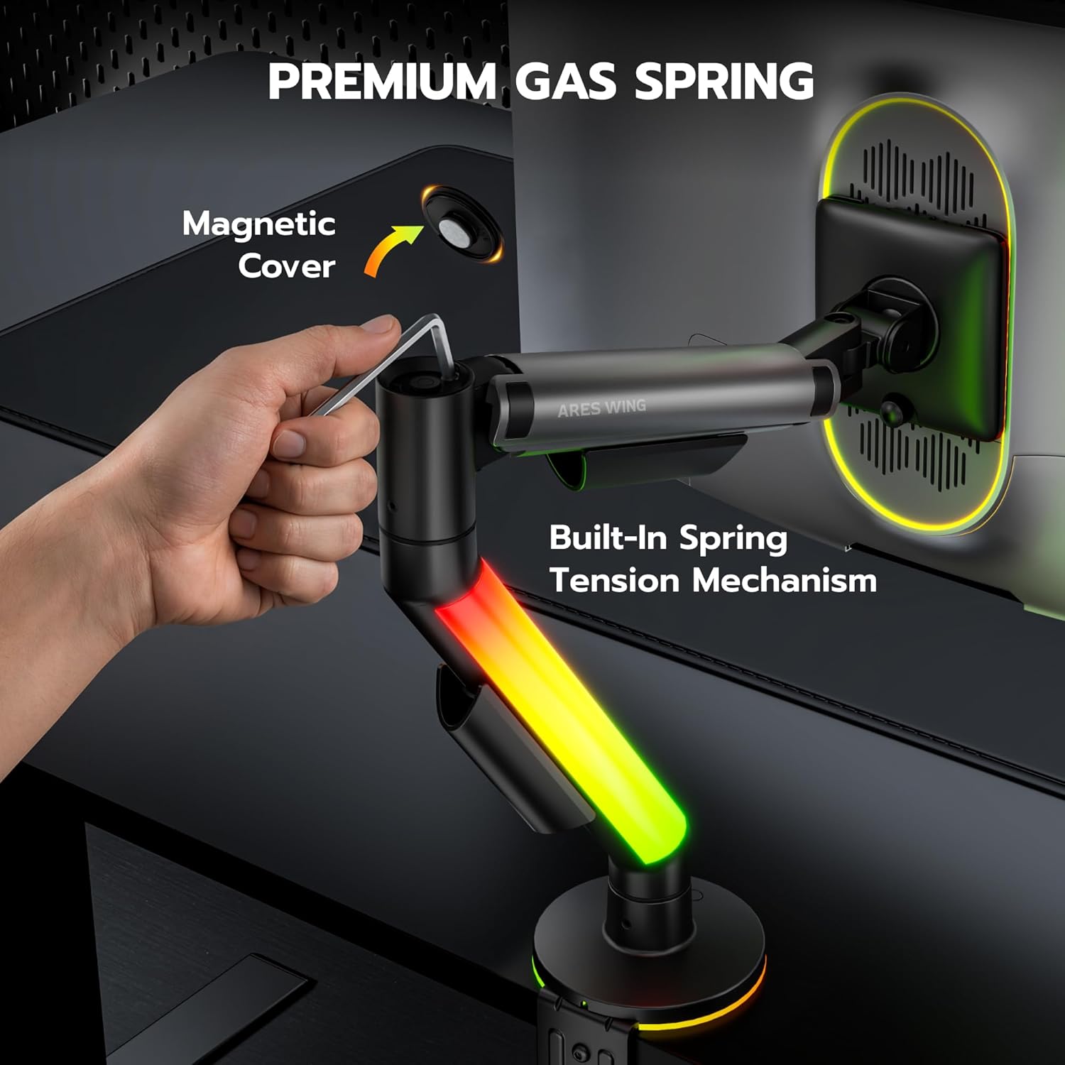 ARES WING RGB Single Monitor Arm Desk Mount for 17-40 inches Flat and Curved Monitors, Holds 26.5 lbs Heavy Duty, Adjustable Computer Monitor Mount with Clamp & Grommet Base, 75/100 VESA Mount, Grey